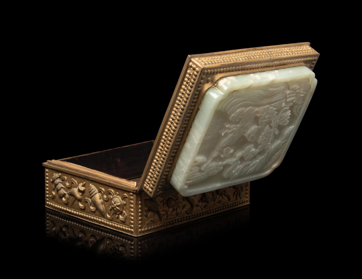 A Celadon Jade Inset Brass Box