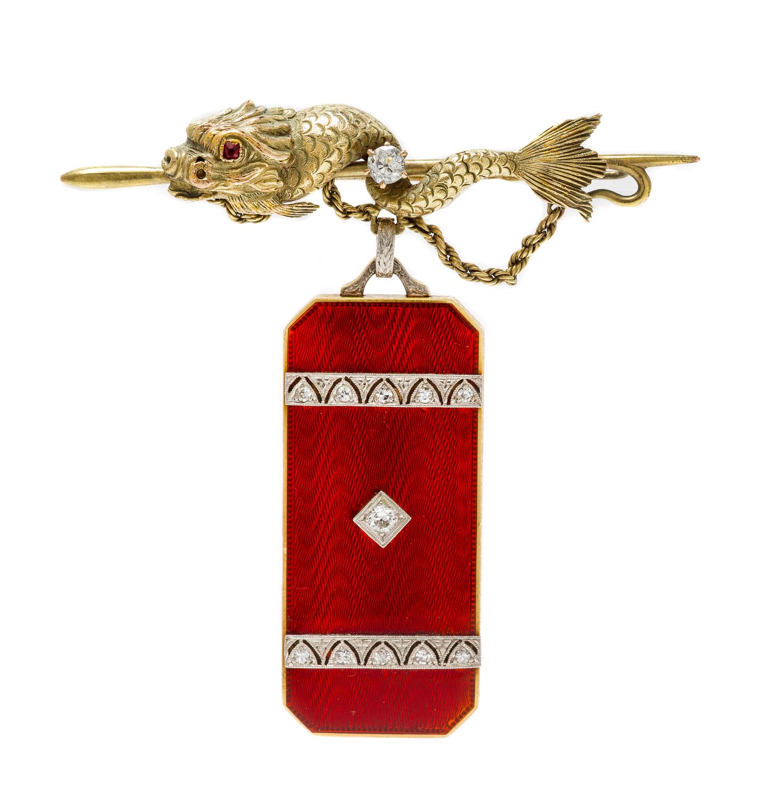 An Edwardian Yellow Gold, Platinum, Diamond, Garnet and Enamel Lapel Locket, 16.50 dwts.