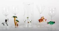 A Set of Whimsical Blown Glass Stemware Height of pitcher 10 inches.