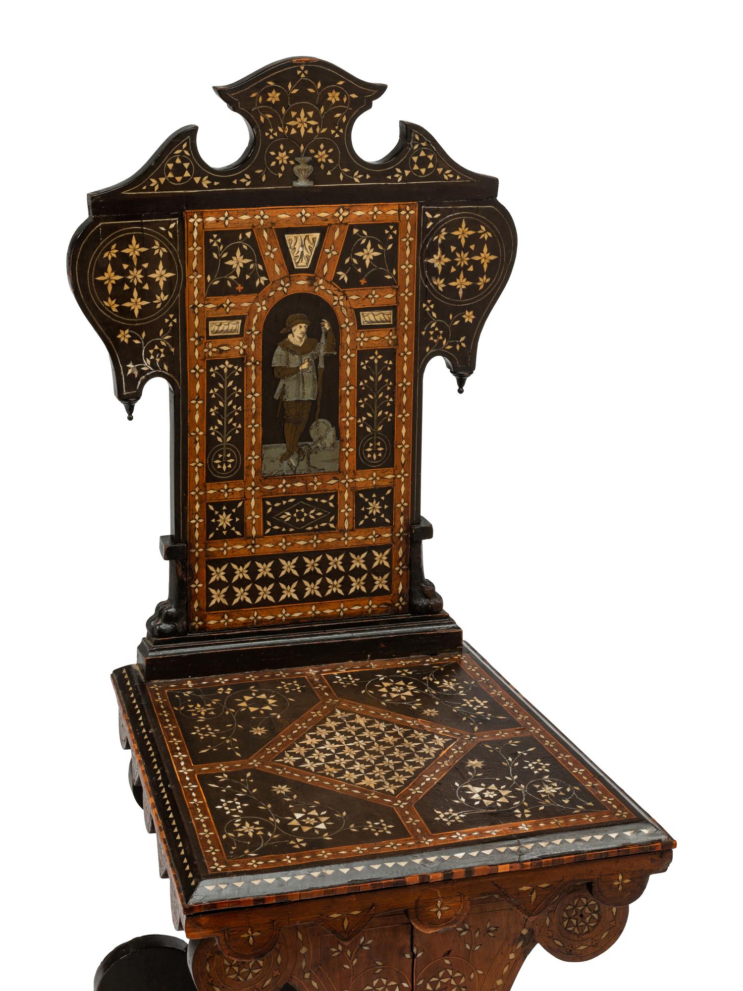 A Pair of Northern Italian Bone Inlaid Hall Chairs