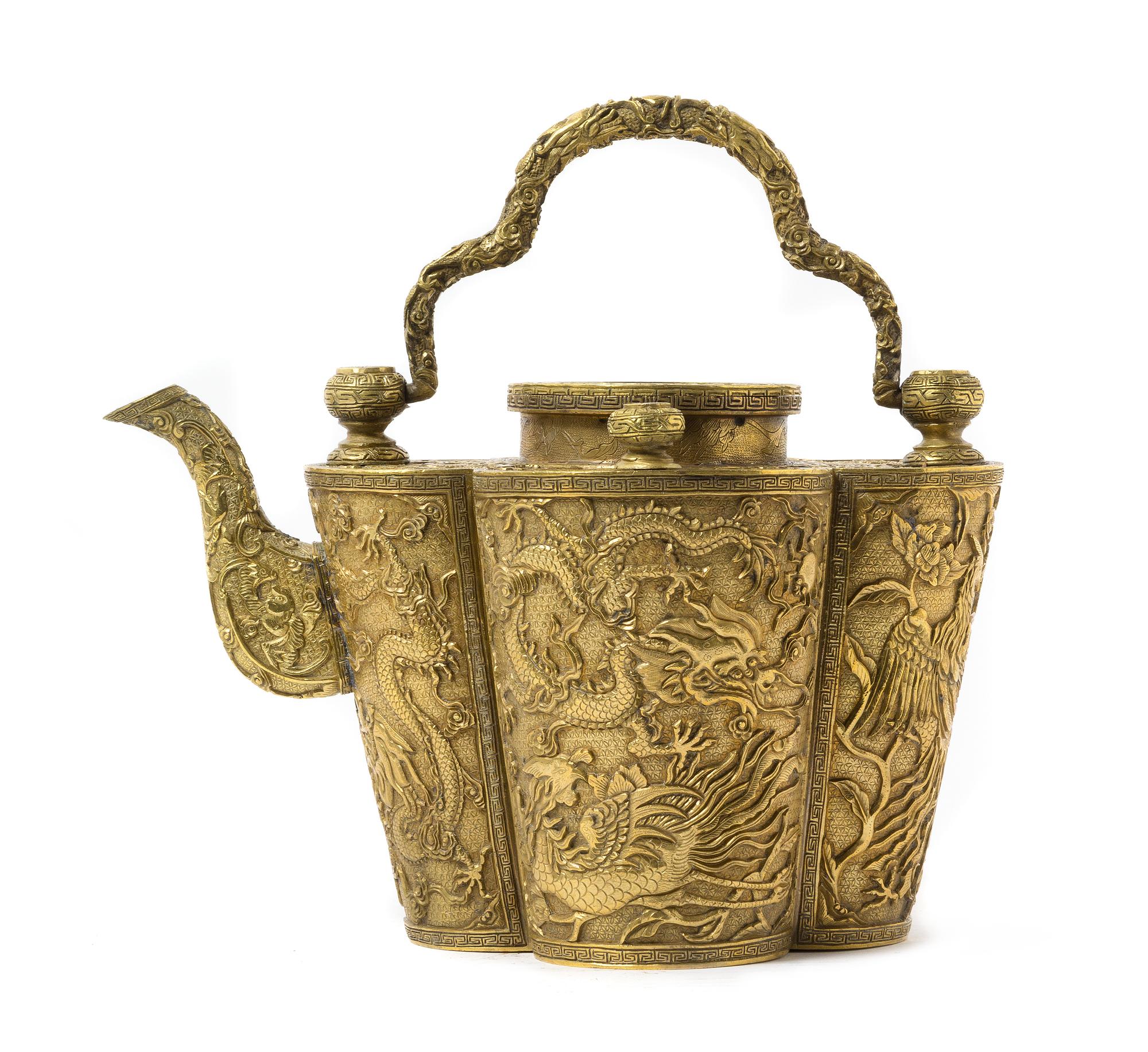 A Chinese Imperial Gilt Metal Wine Pot 18TH/19TH CENTURY Height over handles 8 3/4 inches. — 18TH/19TH CENTURY