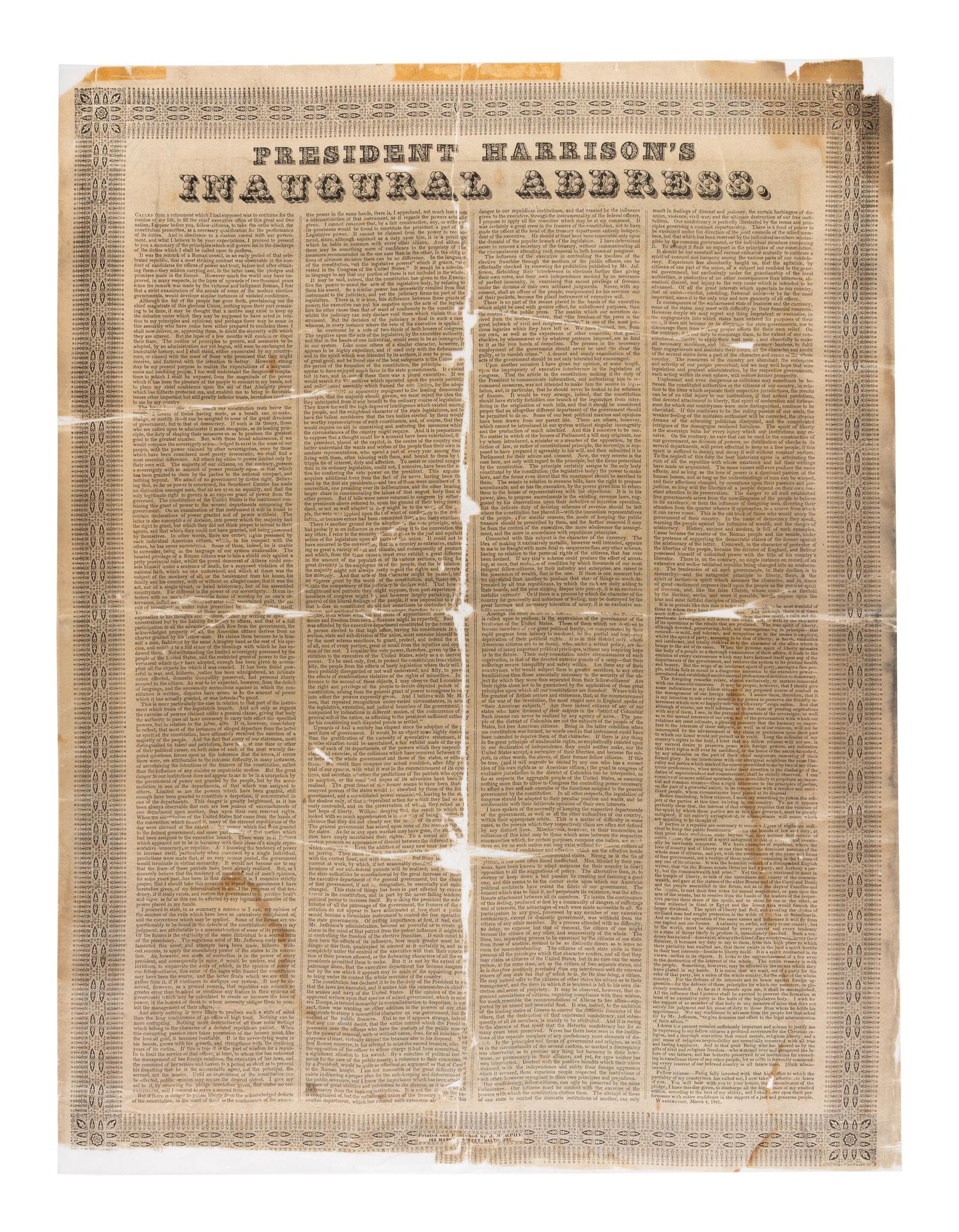 HARRISON, William Henry (1773-1841). President Harrison's Inaugural Address. Baltimore: J. Murphy, n.d. [4 March 1841].