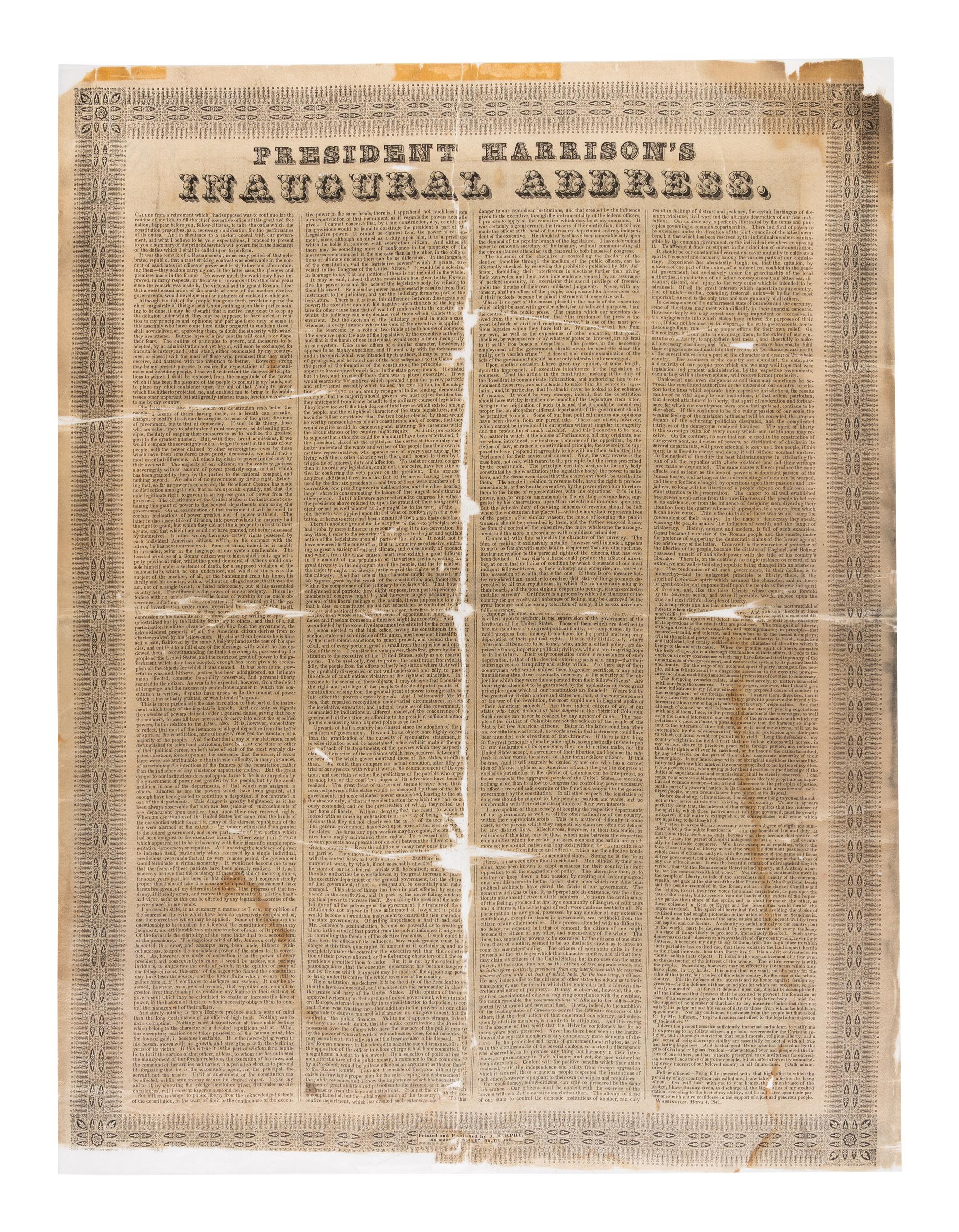 HARRISON, William Henry (1773-1841). President Harrison's Inaugural Address. Baltimore: J. Murphy, n.d. [4 March 1841].