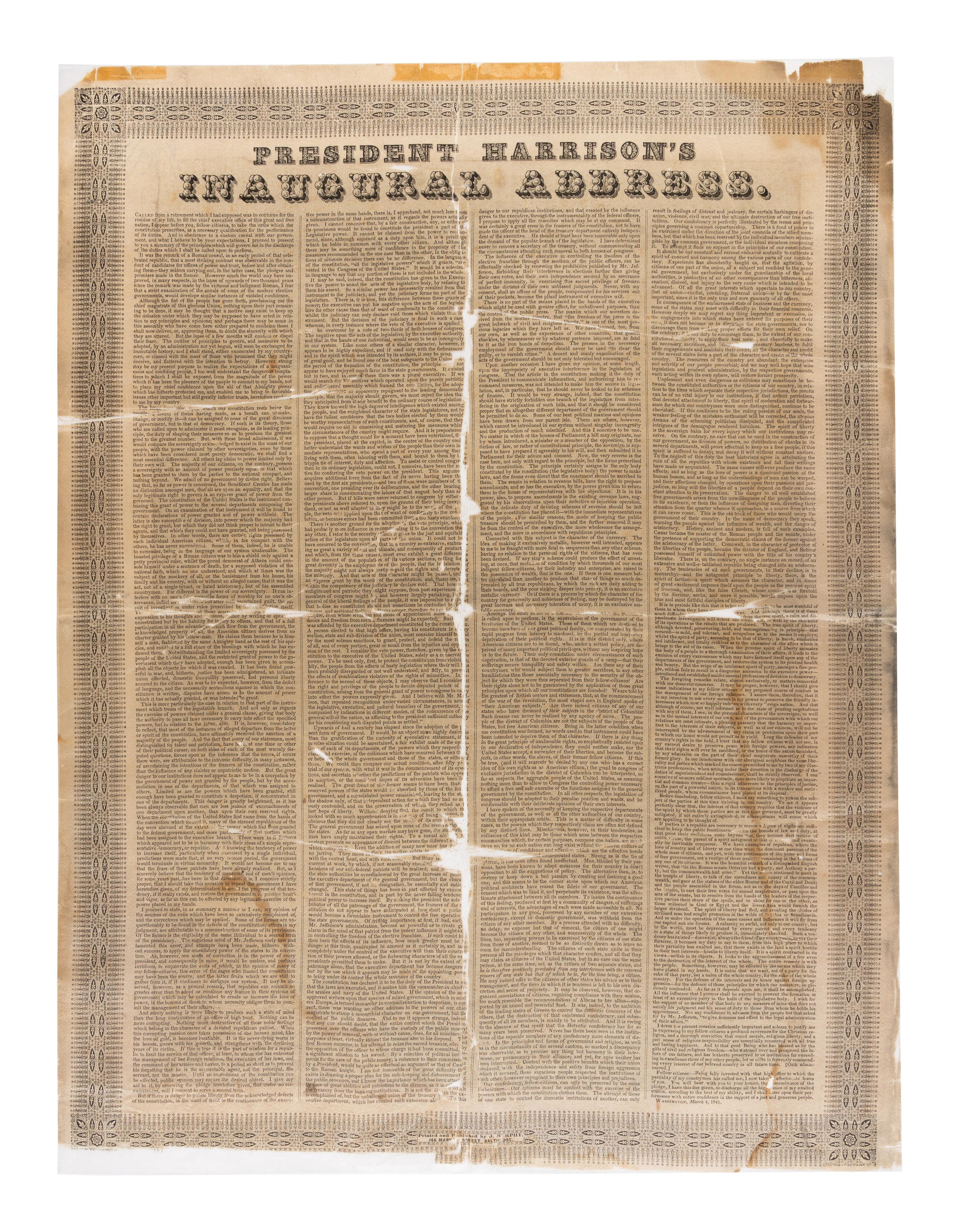 HARRISON, William Henry (1773-1841). President Harrison's Inaugural Address. Baltimore: J. Murphy, n.d. [4 March 1841].
