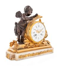 A Louis XVI Style Gilt and Patinated Bronze and Marble Mantel Clock