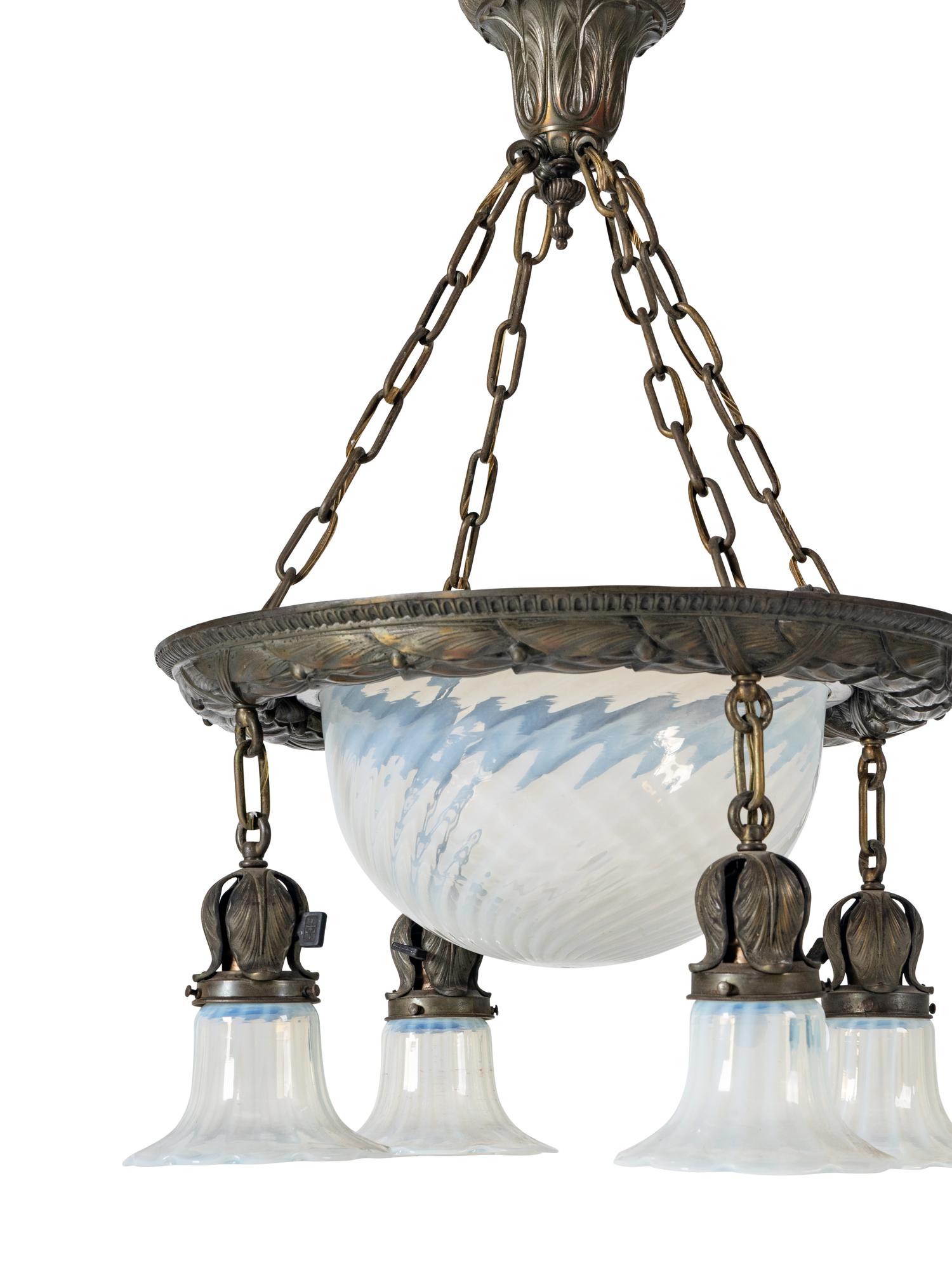 A Hammered Metal and Opalescent Glass Chandelier
