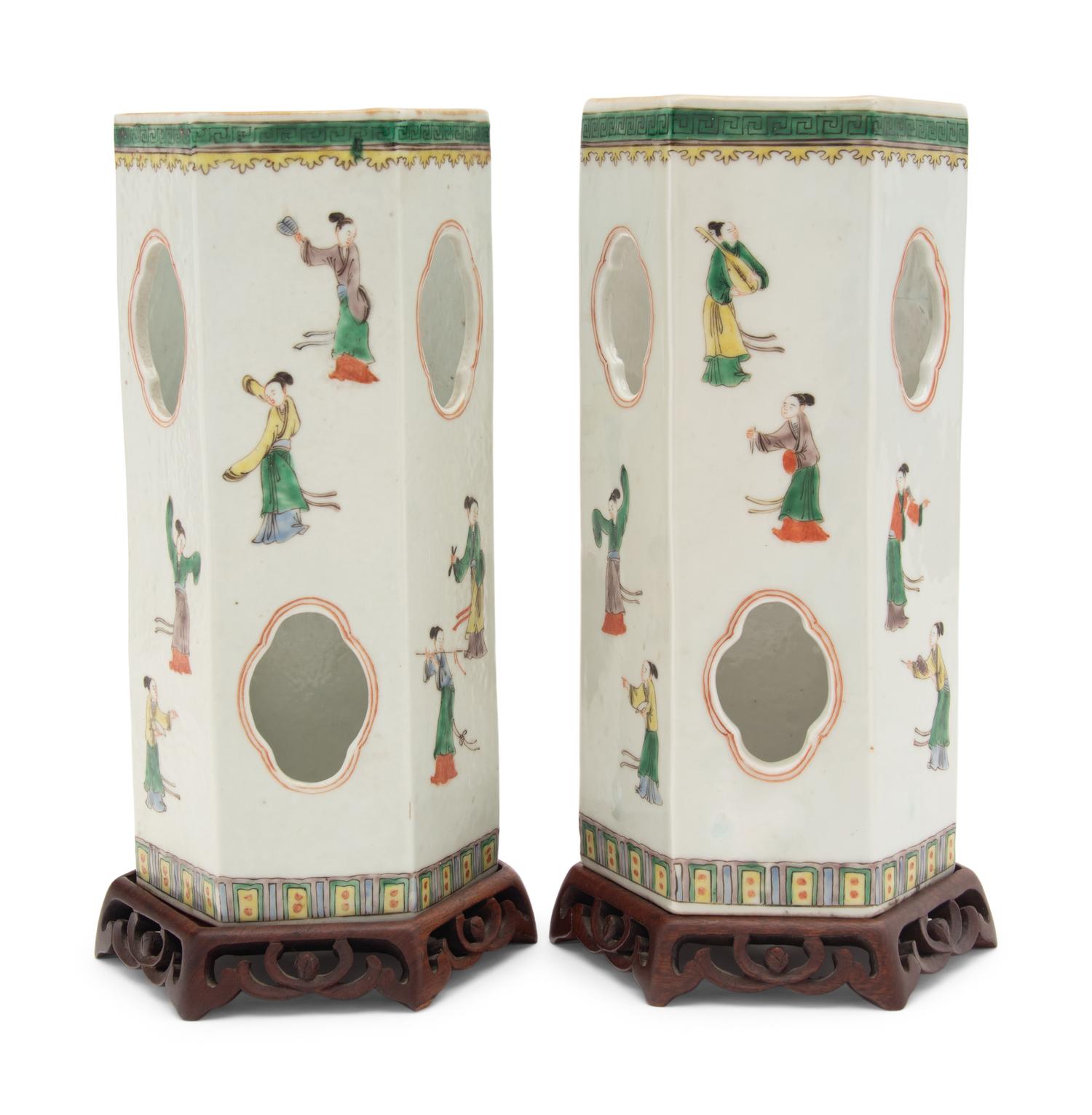 A Pair of Chinese Famille Verte Porcelain Hat Holders