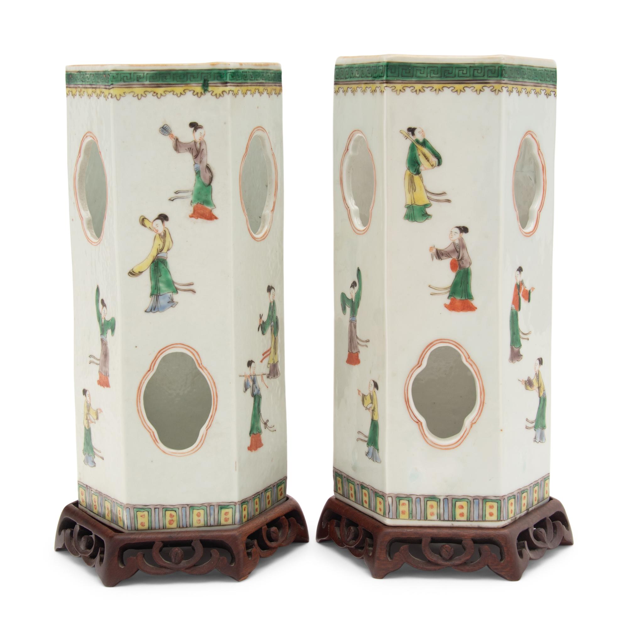 A Pair of Chinese Famille Verte Porcelain Hat Holders