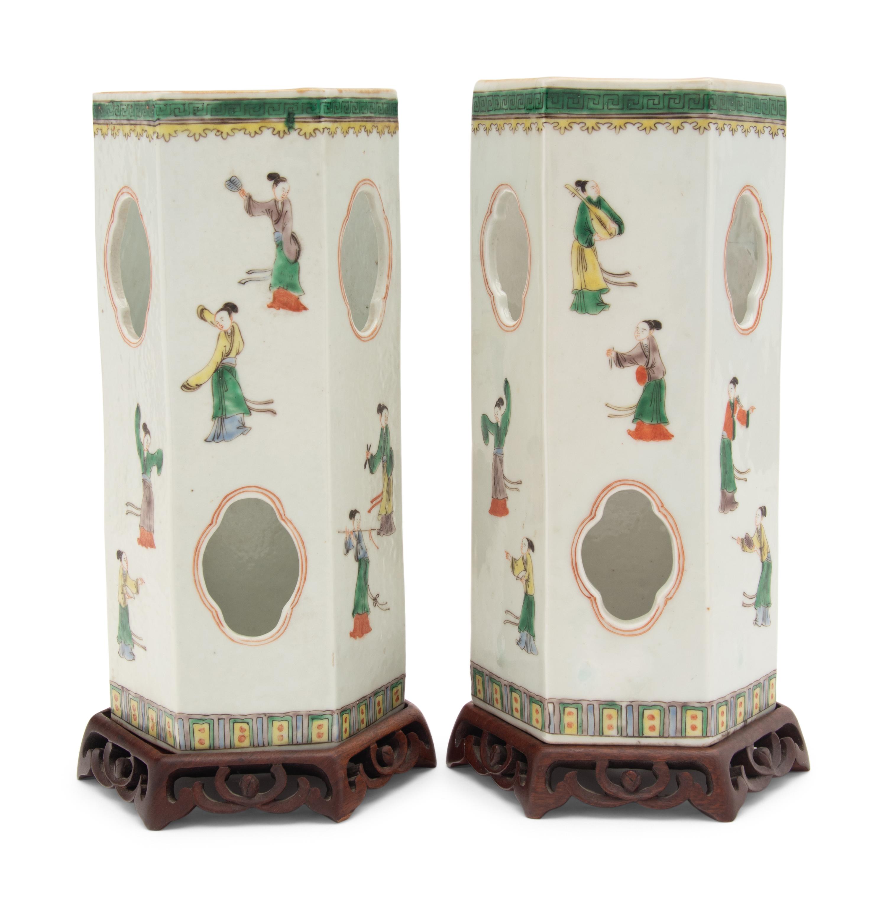 A Pair of Chinese Famille Verte Porcelain Hat Holders