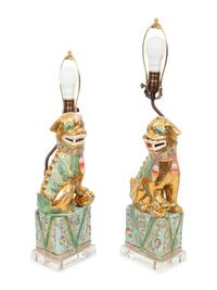 A Pair of Chinese Porcelain Foo Dog Table Lamps