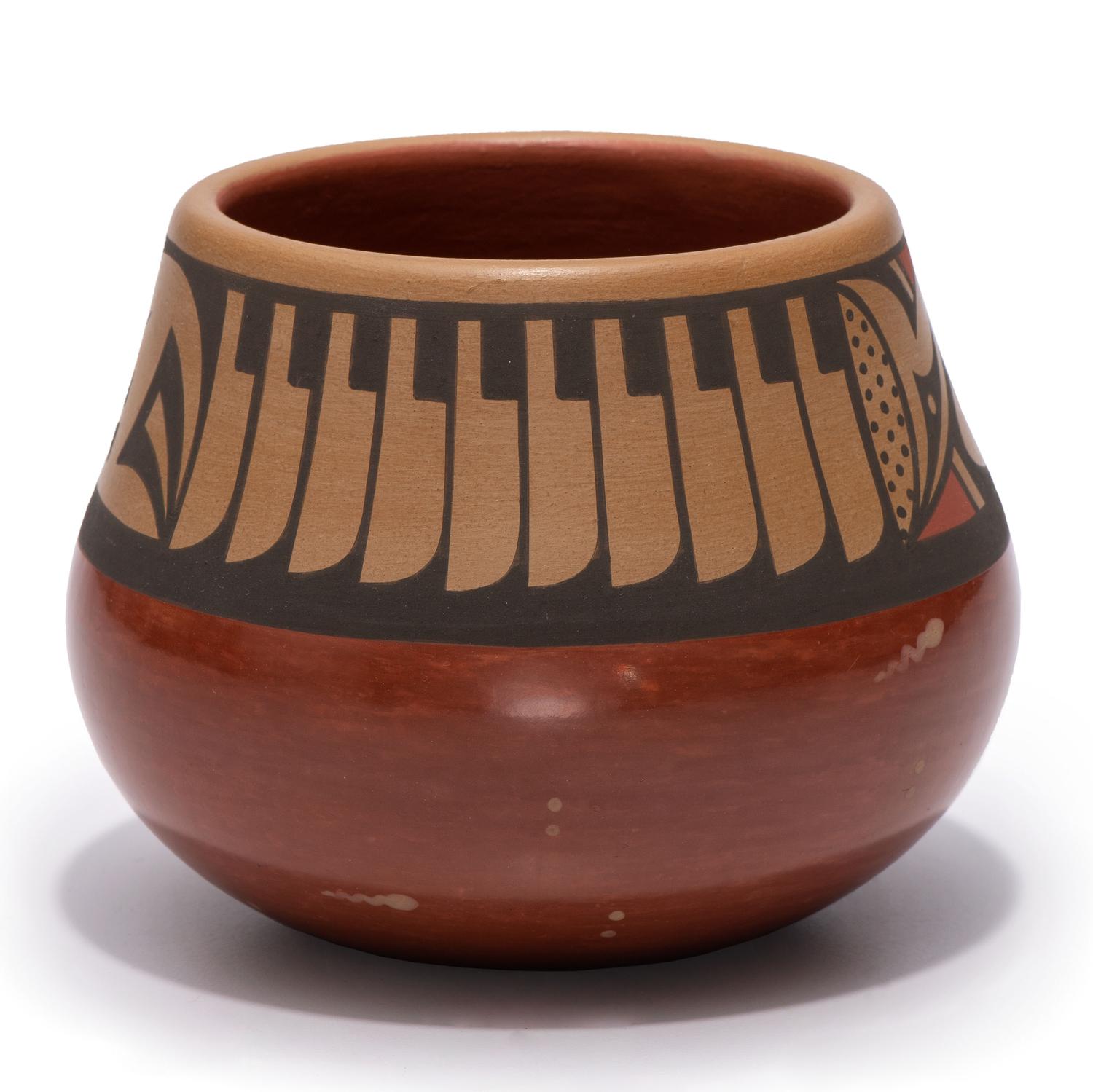 Red and Sienna Pottery Jar, with Repeating Feathers