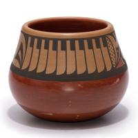 Red and Sienna Pottery Jar, with Repeating Feathers