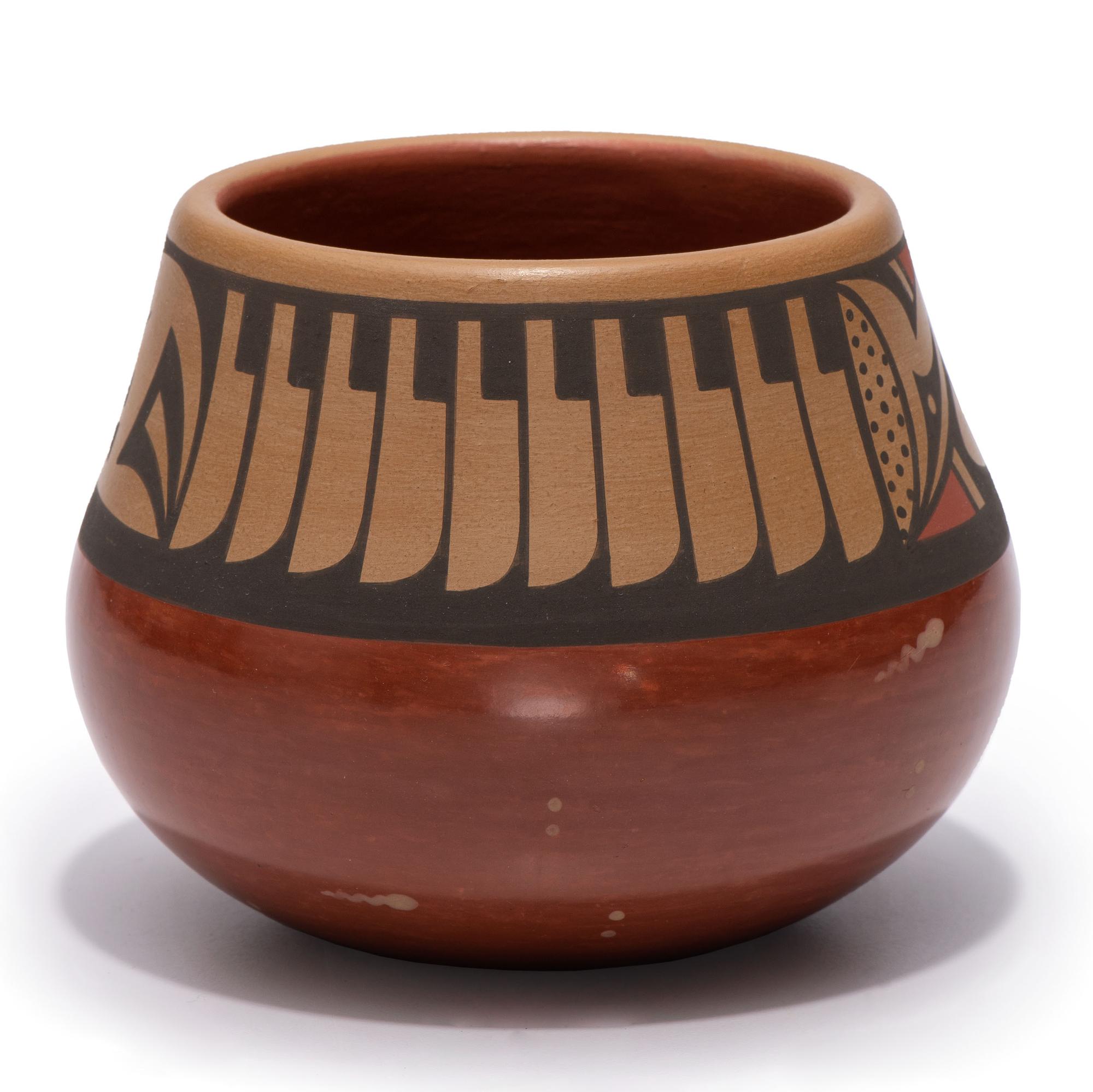 Red and Sienna Pottery Jar, with Repeating Feathers
