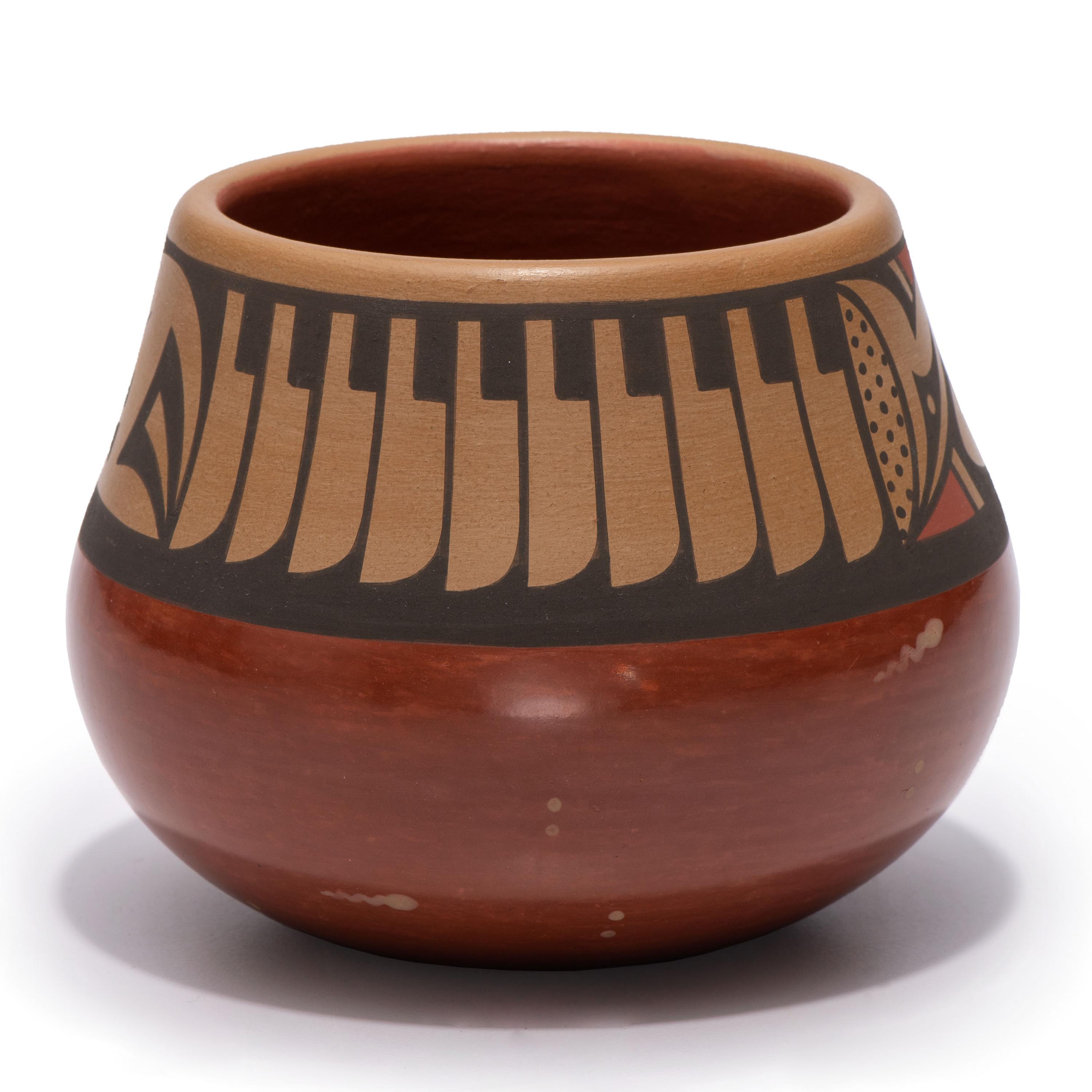 Red and Sienna Pottery Jar, with Repeating Feathers