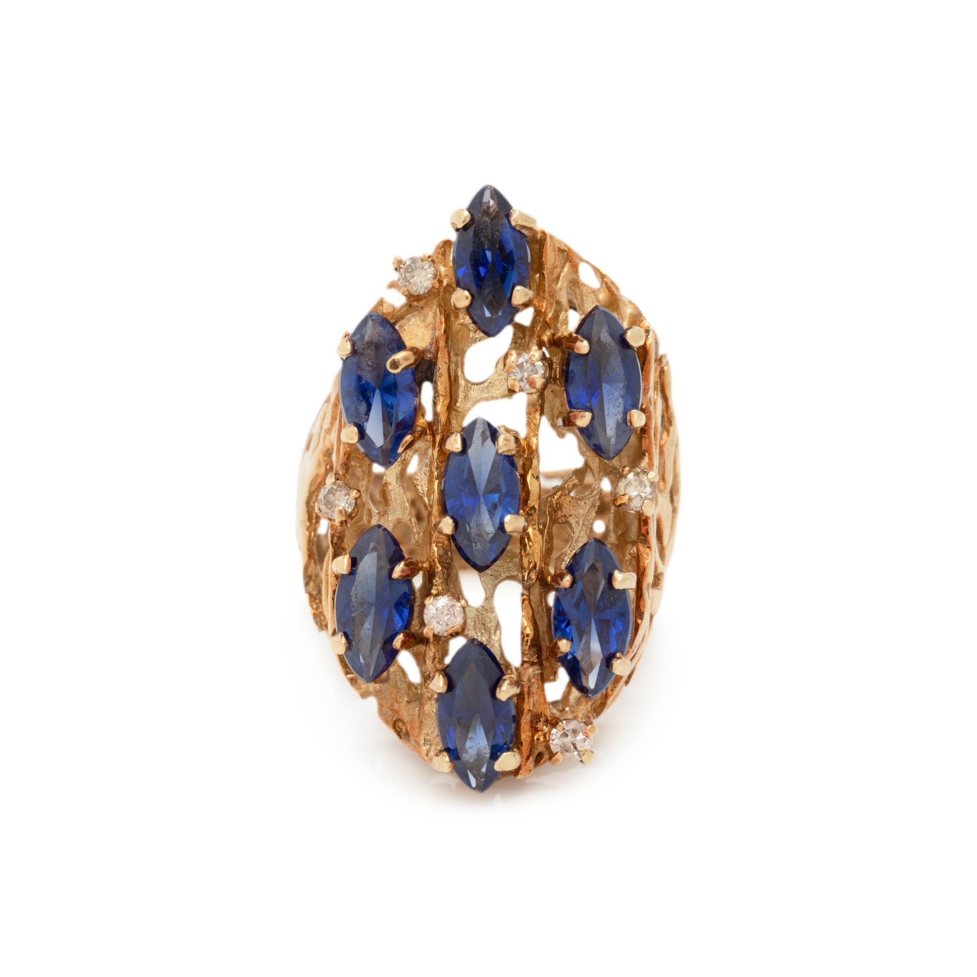 YELLOW GOLD, BLUE GLASS AND DIAMOND RING