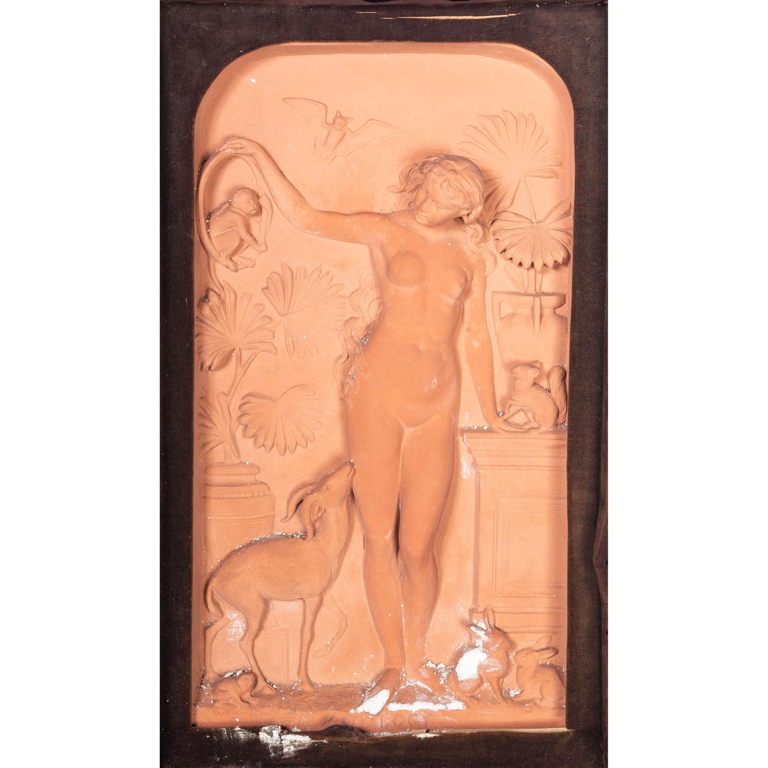 A Framed Terra Cotta Figural Relief Plaque
