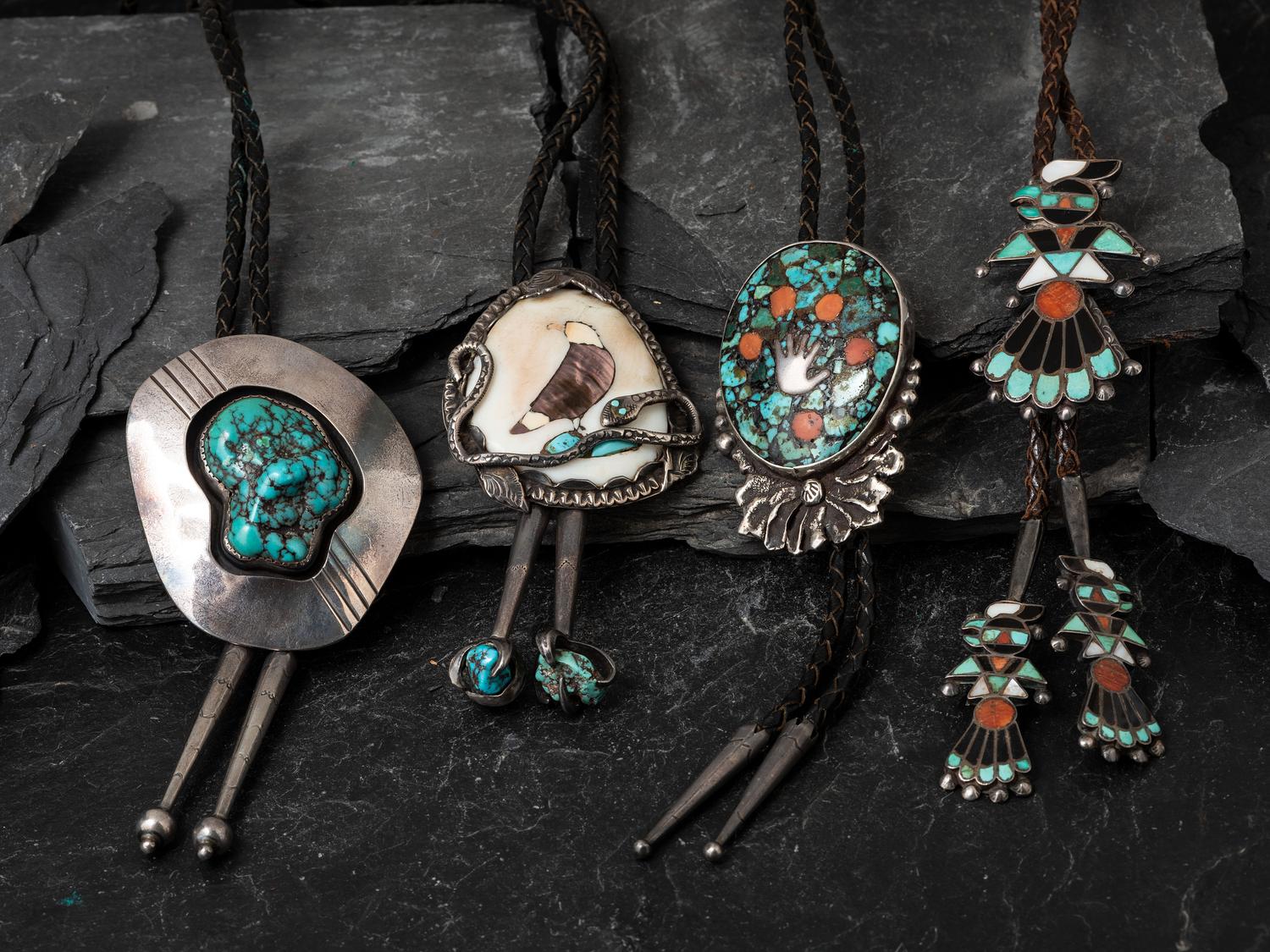 Pueblo and Navajo Silver Bolo Ties with Inlay