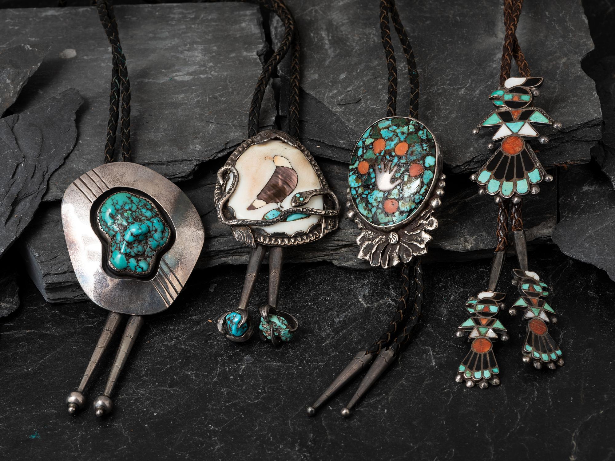 Pueblo and Navajo Silver Bolo Ties with Inlay