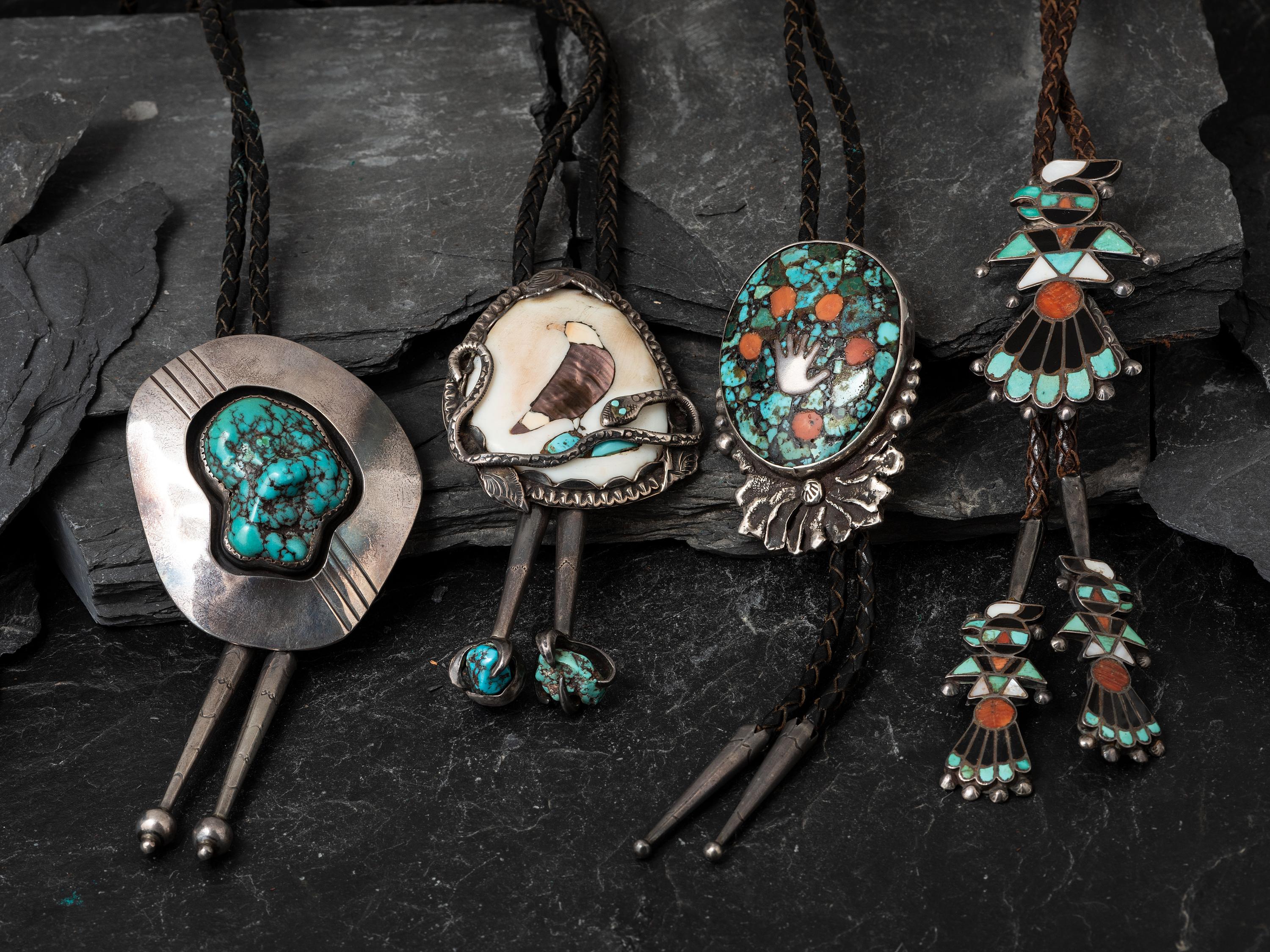 Pueblo and Navajo Silver Bolo Ties with Inlay