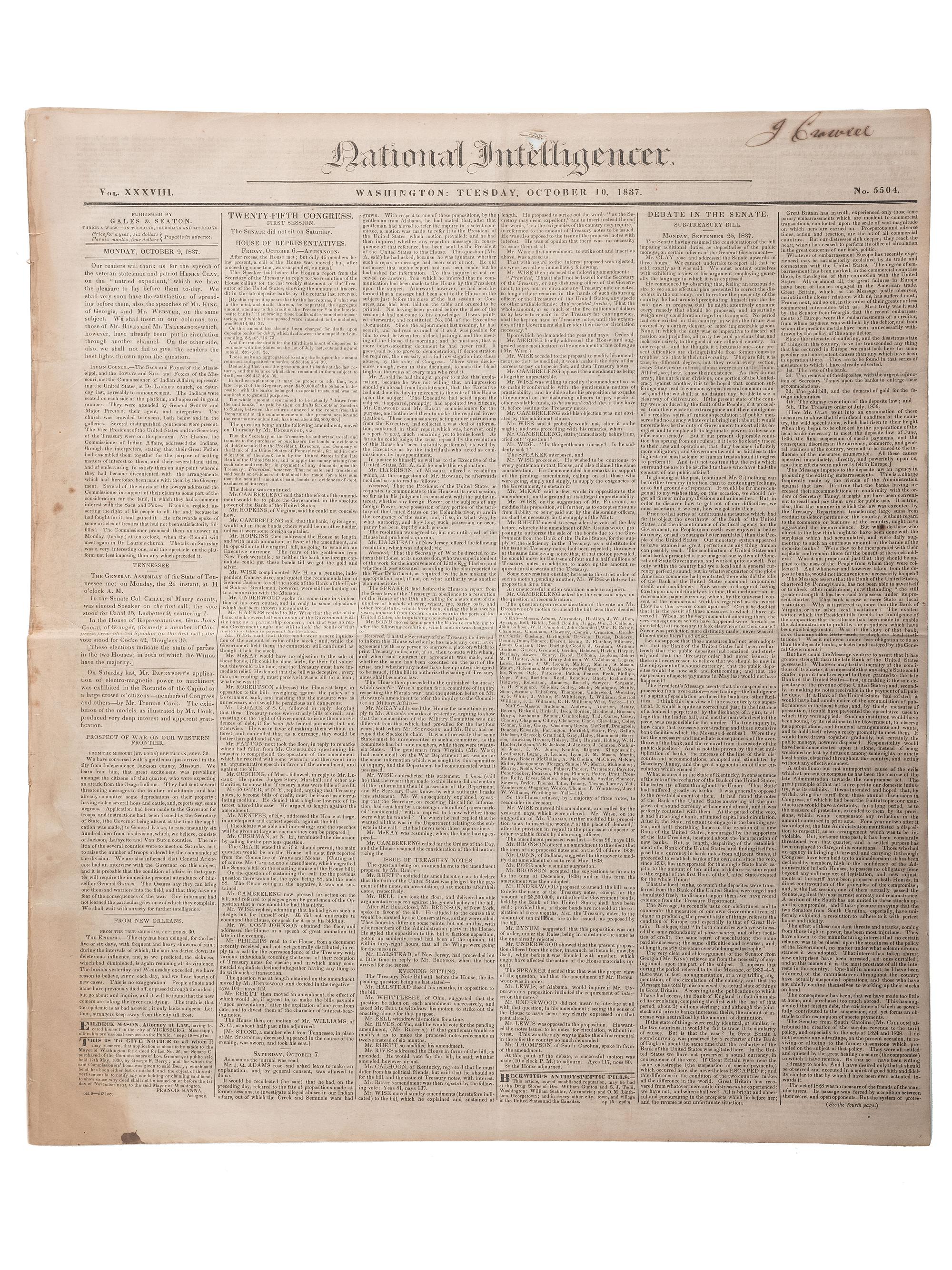 [SLAVERY & ABOLITION]. Advertisements for the return of freedom seekers published in 7 issues of The National Intelligencer . Washington, DC: 1831-1858.