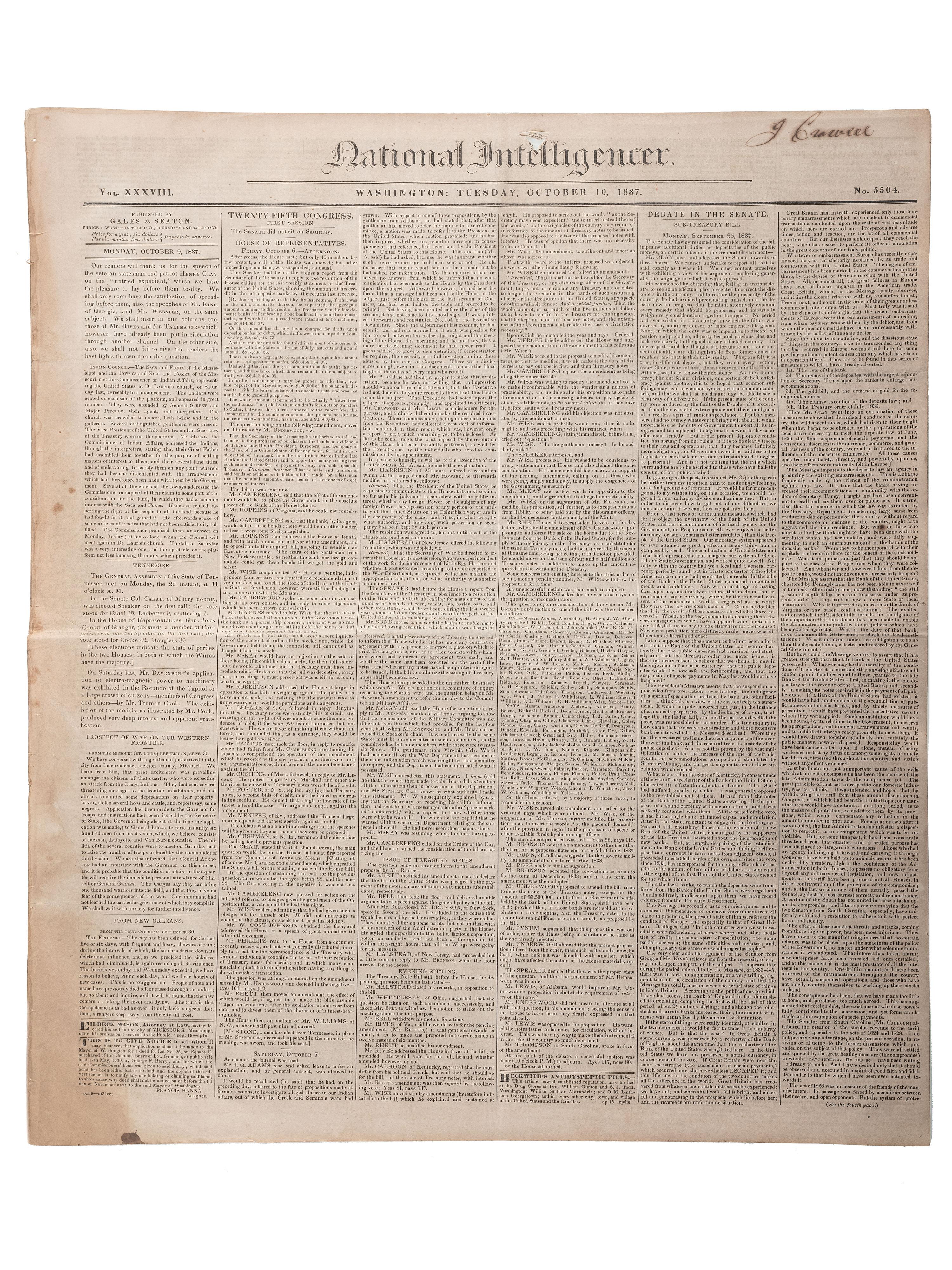 [SLAVERY & ABOLITION]. Advertisements for the return of freedom seekers published in 7 issues of The National Intelligencer . Washington, DC: 1831-1858.