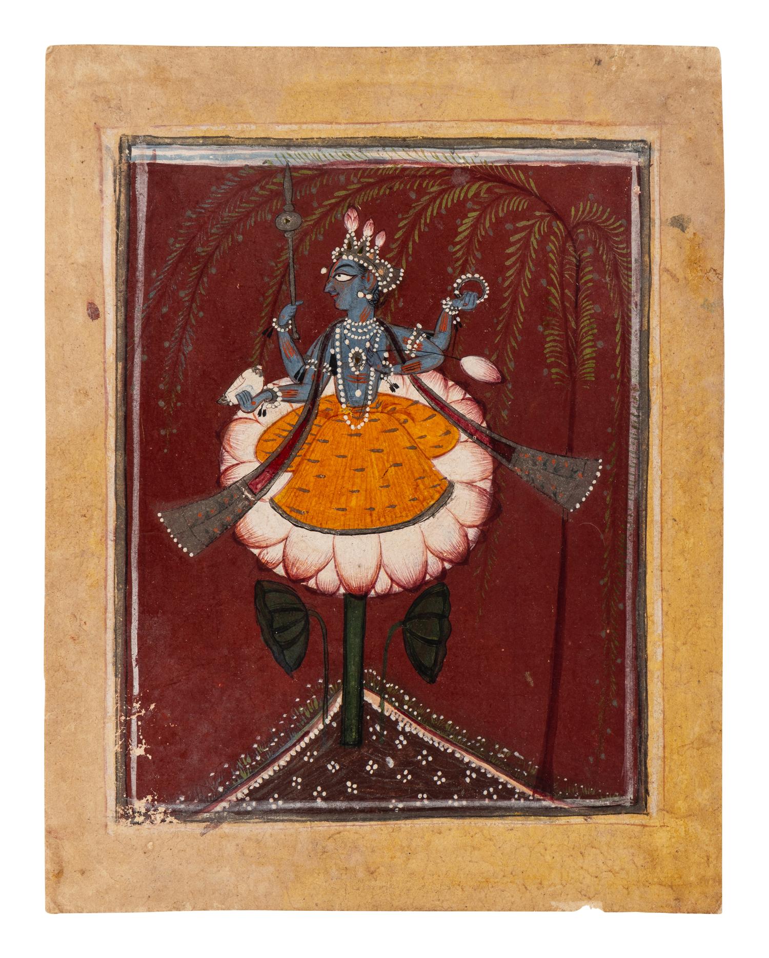 An Indian Painting of Vishnu Seated on a Lotus, Punjab Hills, Basohli, Circa 1700-1720 1700-1720年 印度旁遮普山丘巴梭利派細密畫毗湿奴像