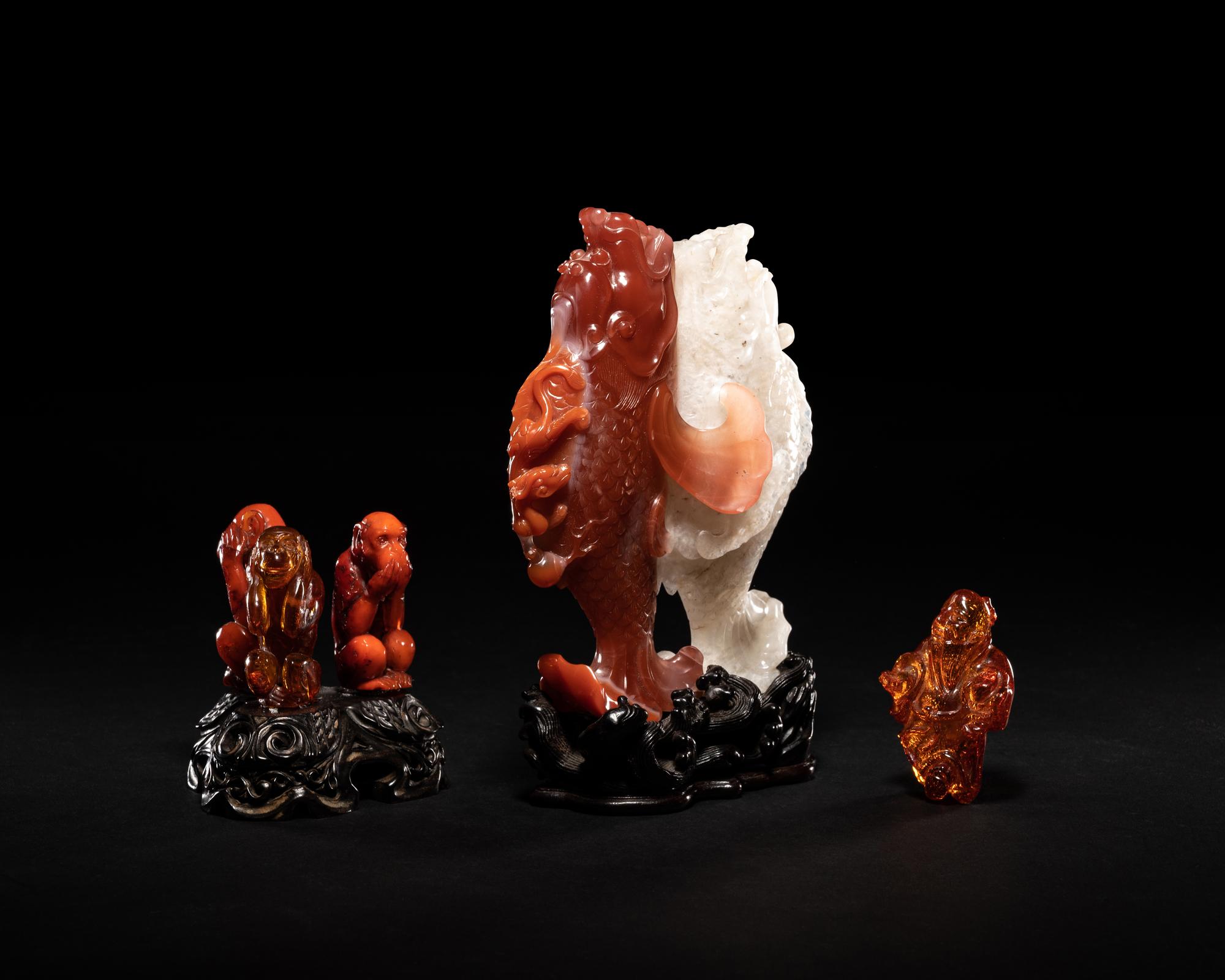 Two Chinese Amber Carvings and An Agate Carving of Double Fish