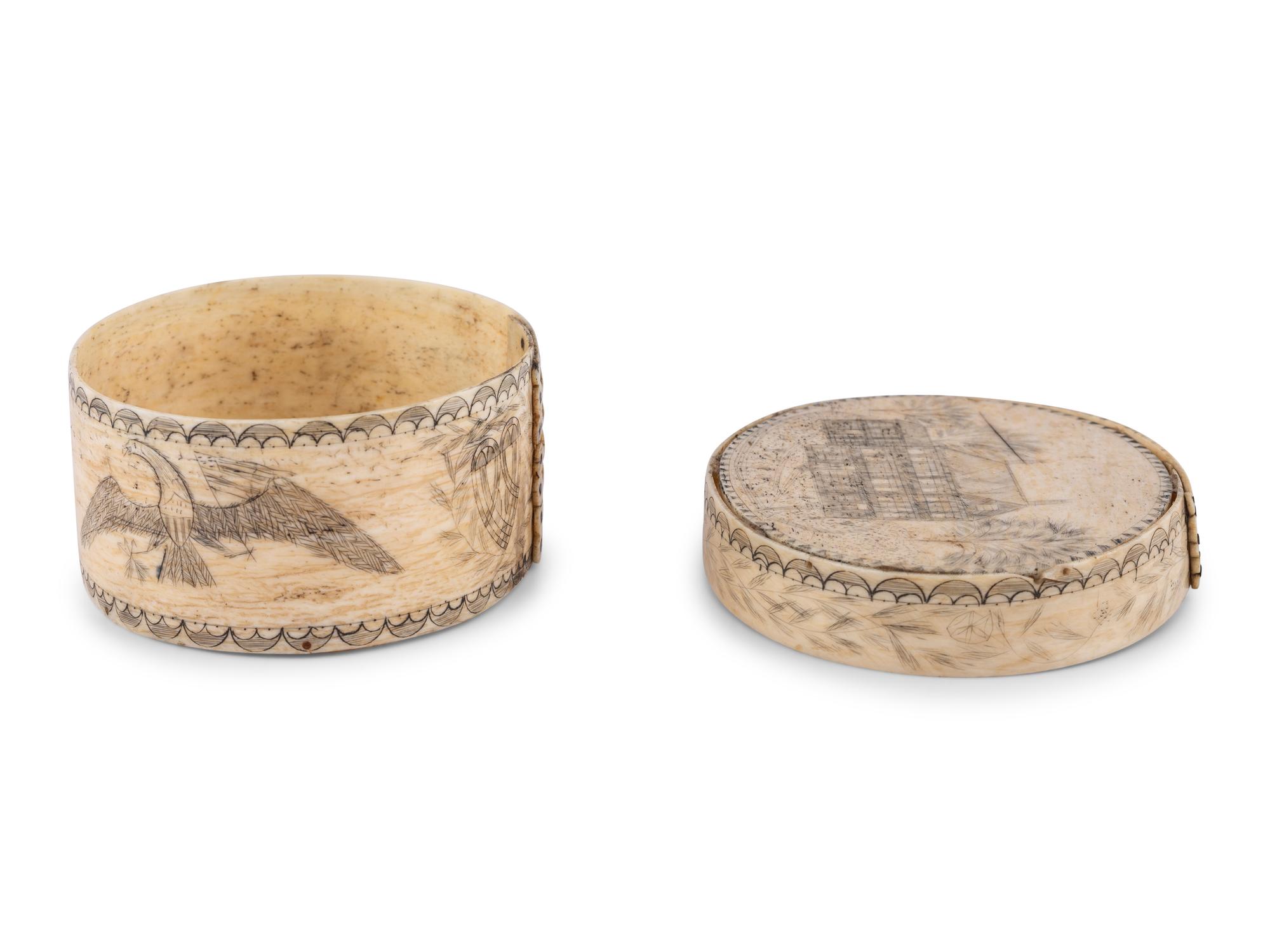 An Unusual Scrimshaw Panbone Oval Ditty Box With Engraved Surfaces and Panbone Bottom