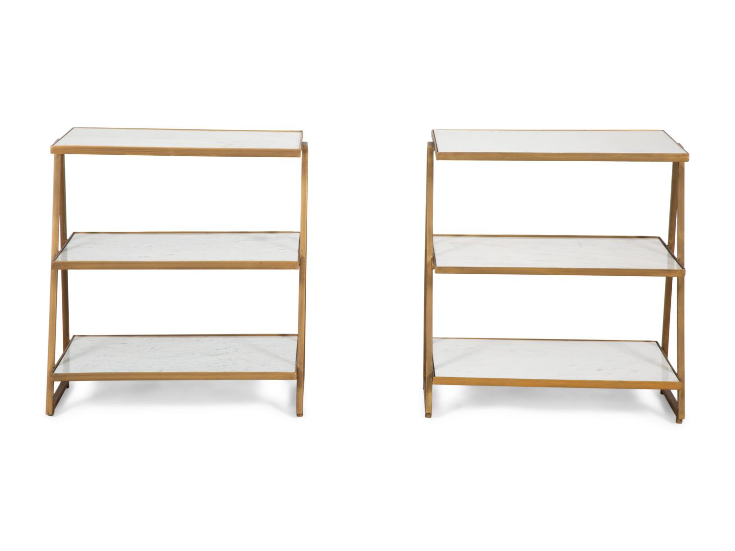 A Pair of Three Tier Marble and Brass Side Tables by Wisteria