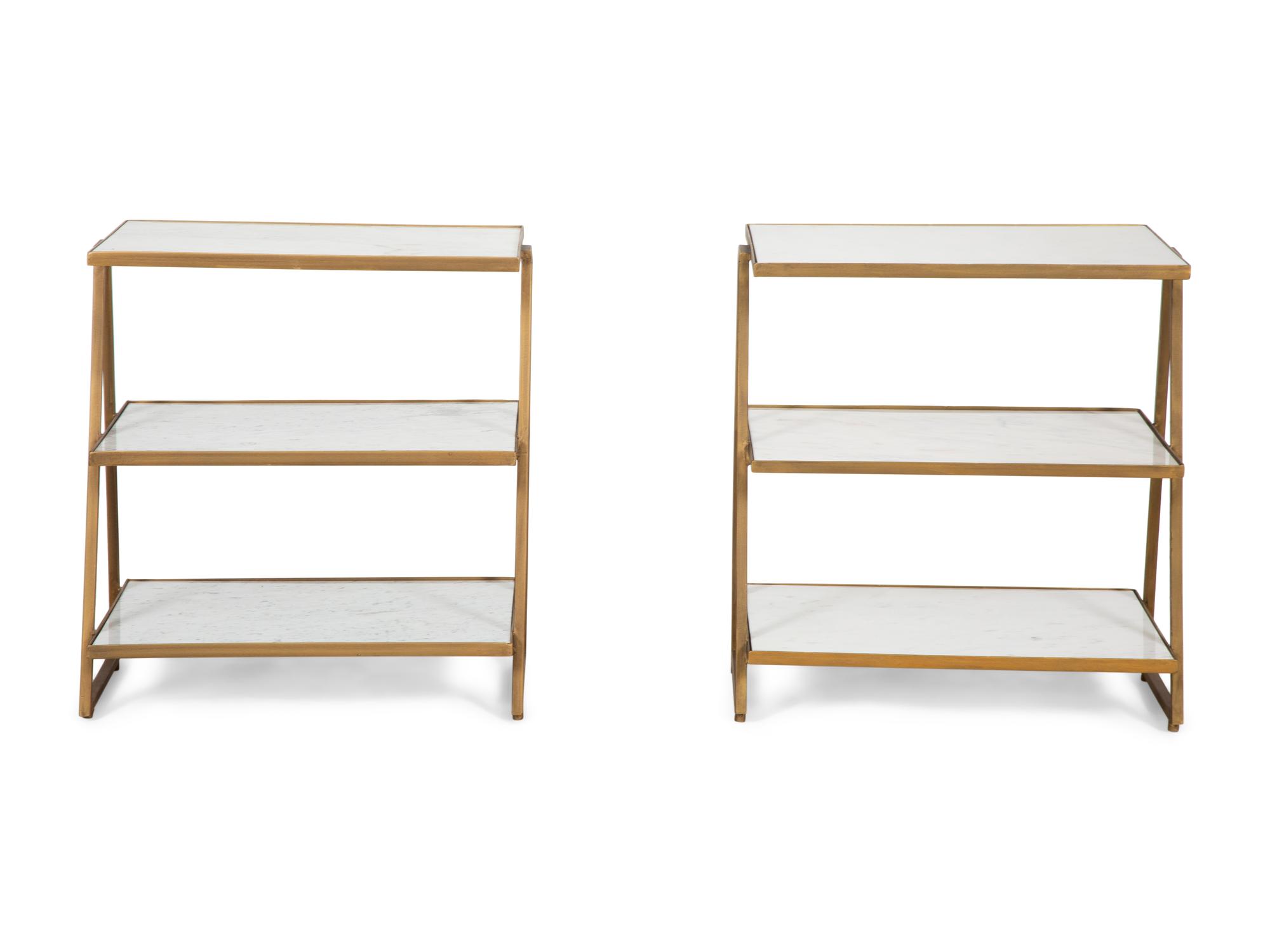 A Pair of Three Tier Marble and Brass Side Tables by Wisteria