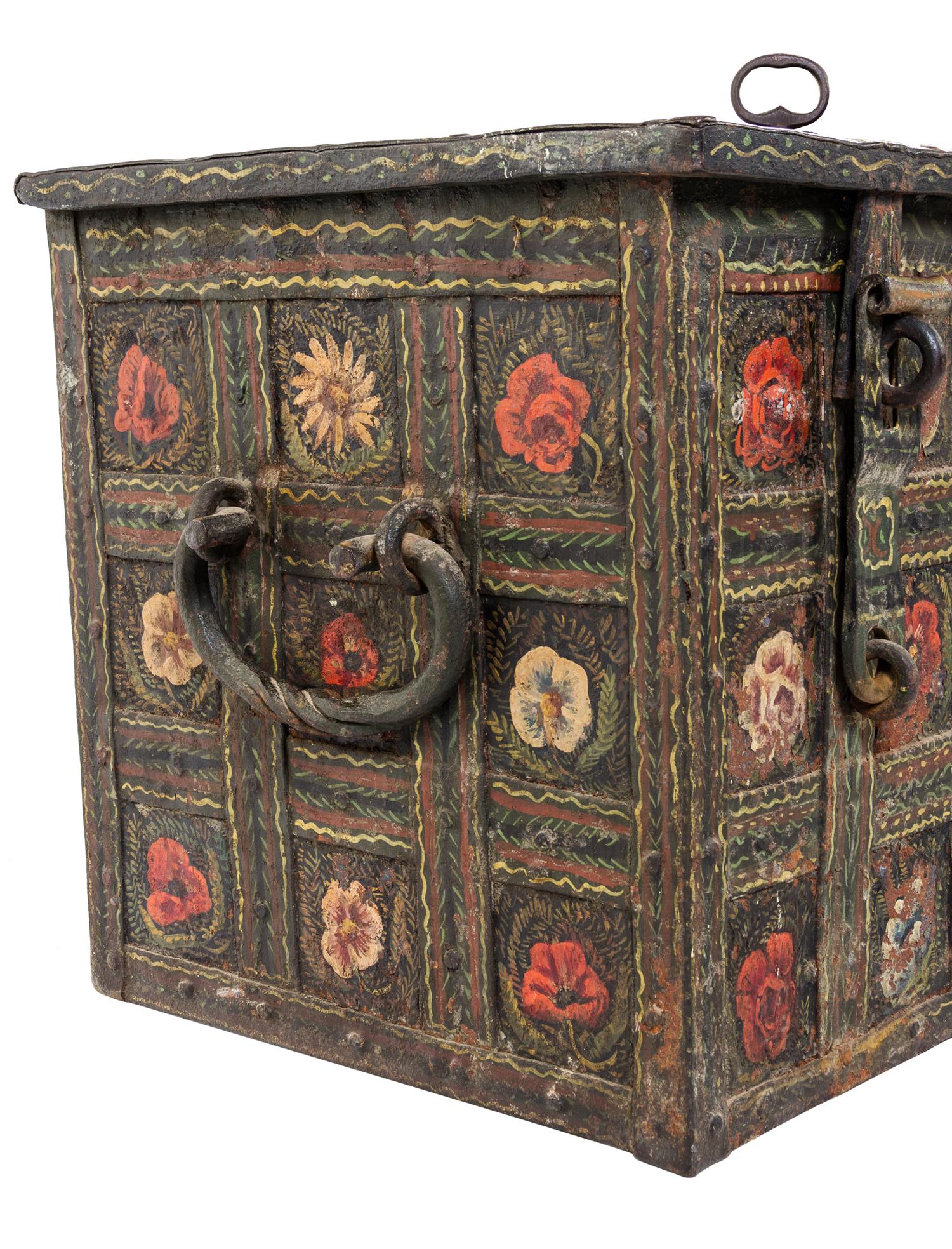 A Continental Polychrome Decorated Iron Strong Box