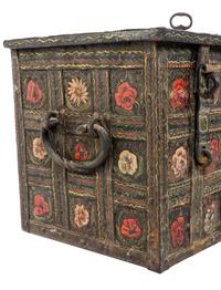 A Continental Polychrome Decorated Iron Strong Box