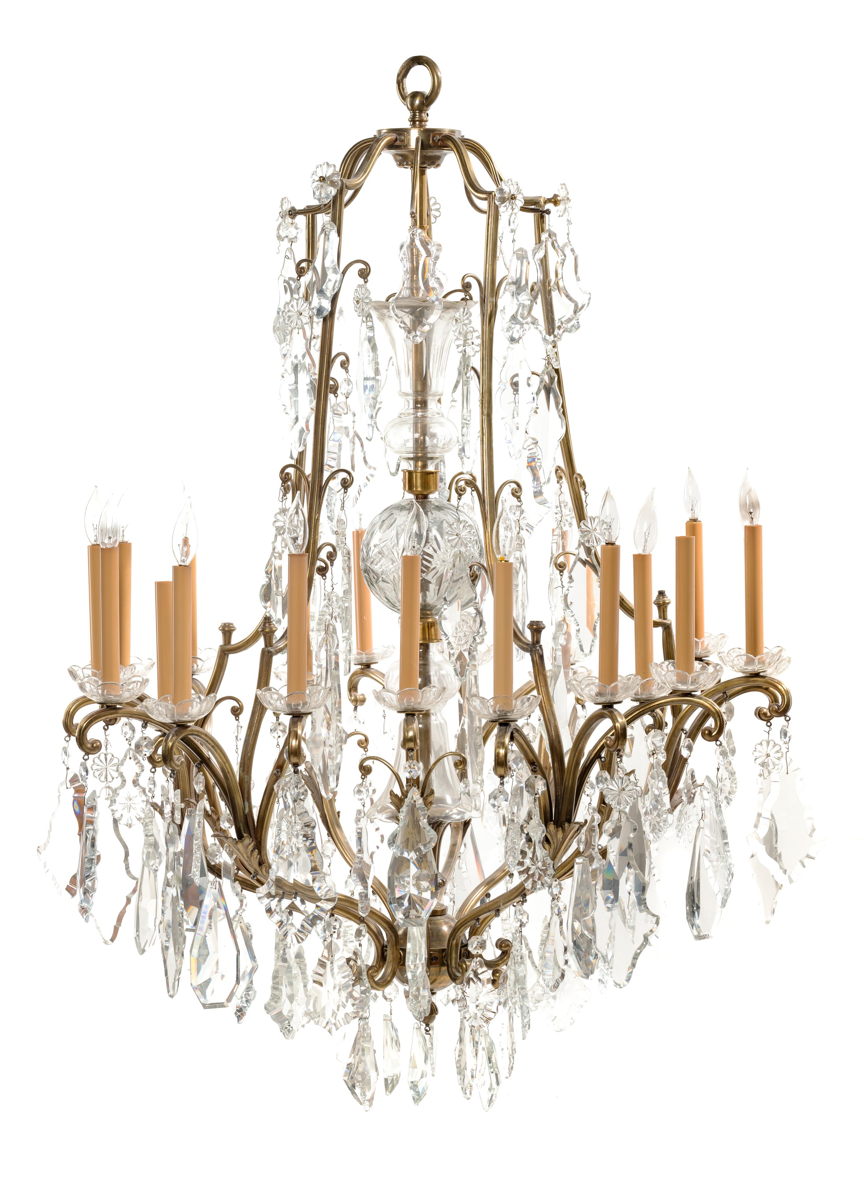 A French Gilt Metal and Glass Twenty-Light Chandelier