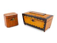 Two English Walnut Marquetry Tea Caddies — CIRCA 1825