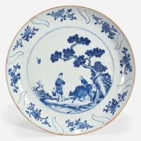 A Chinese export molded blue and white porcelain "Meiren, Boy and Buffalo" large dish 18th century