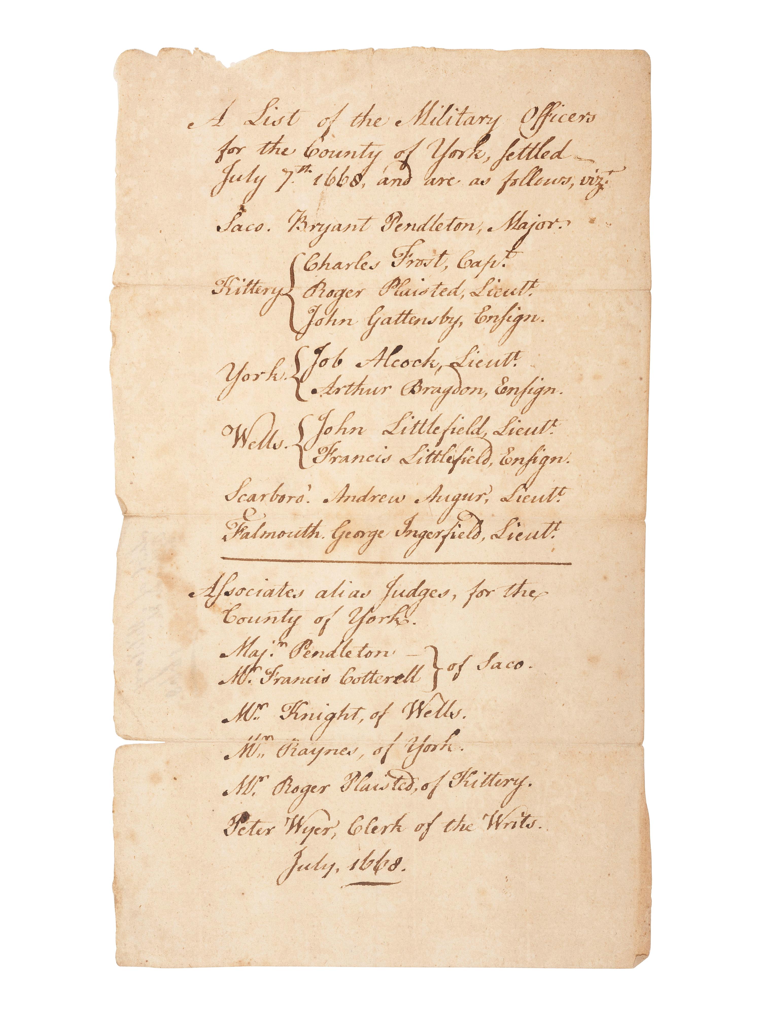 [COLONIAL AMERICA]. Manuscript list of military officers in York, Maine. July 1668.