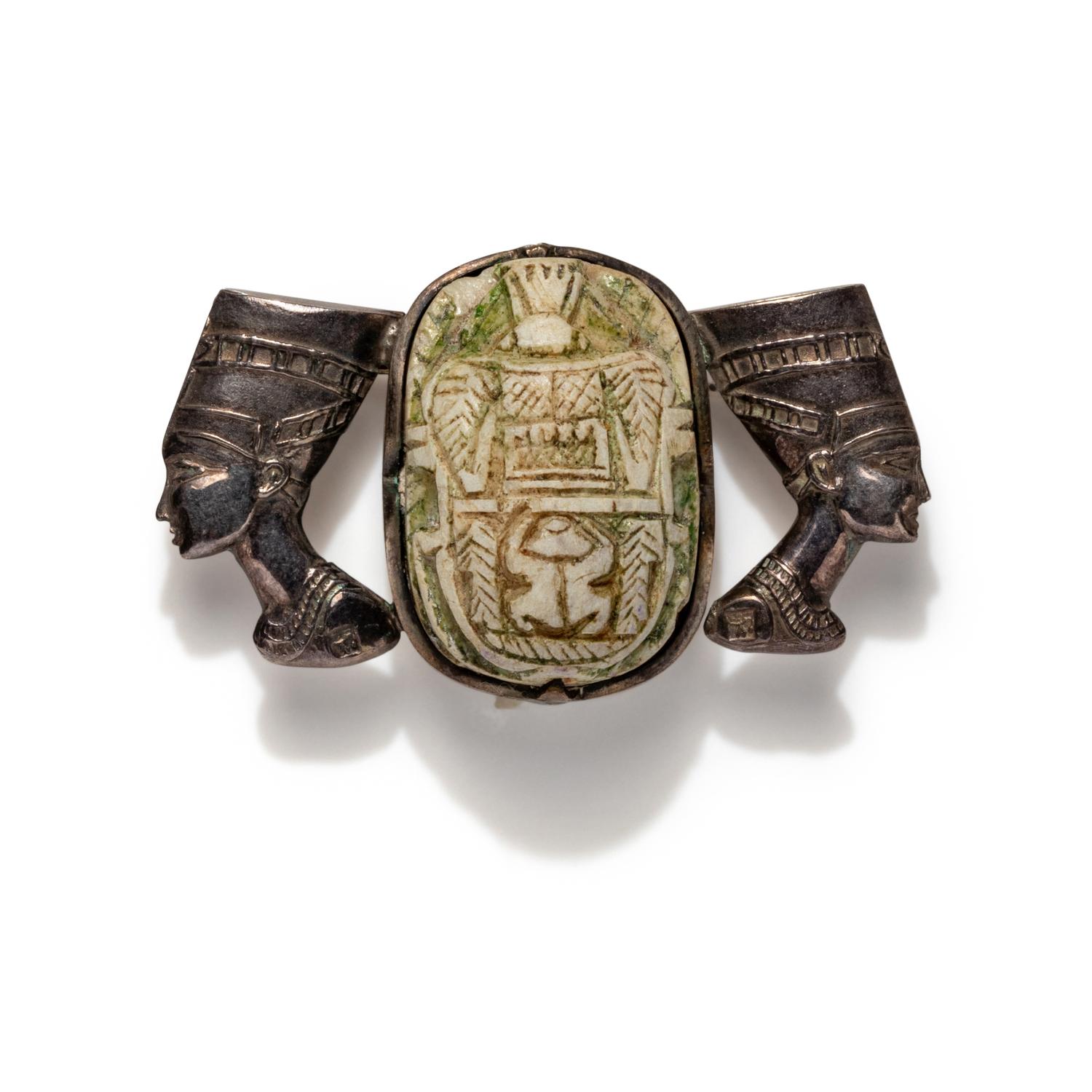 An Egyptian Revival Silver Brooch with Central Scarab of Thutmose IV
