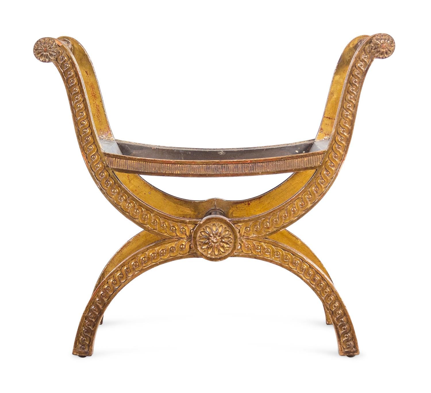 A Louis XVI Style Carved Giltwood Curule Bench