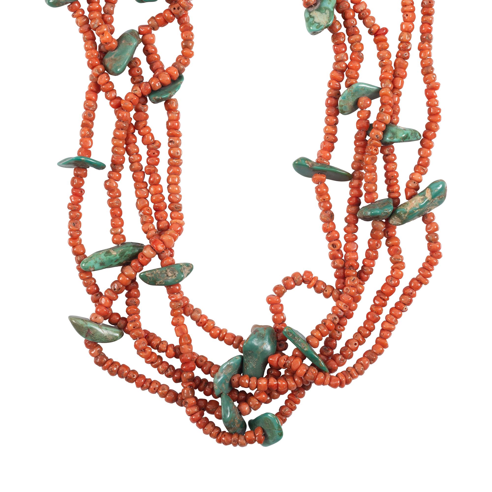 Navajo or Pueblo Five-strand Coral and Turquoise Necklace