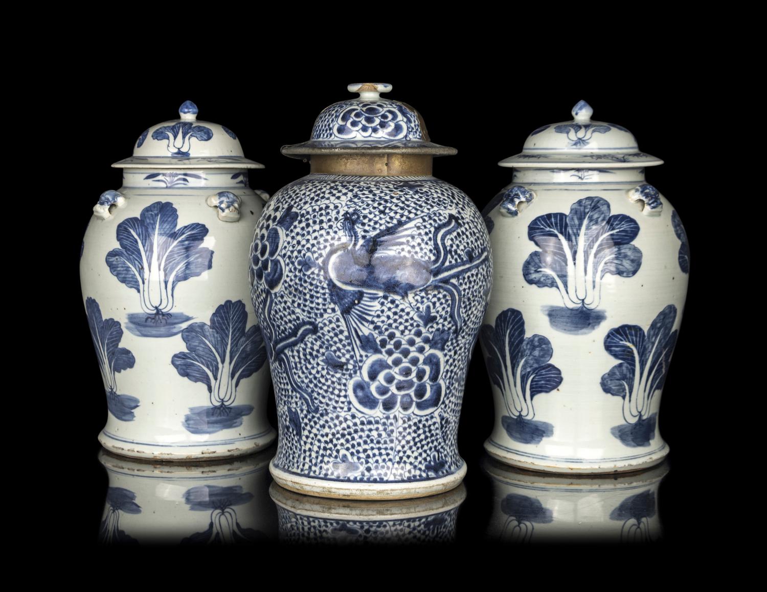 A Pair of Chinese Blue and White Porcelain Covered Jars