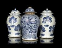 A Pair of Chinese Blue and White Porcelain Covered Jars