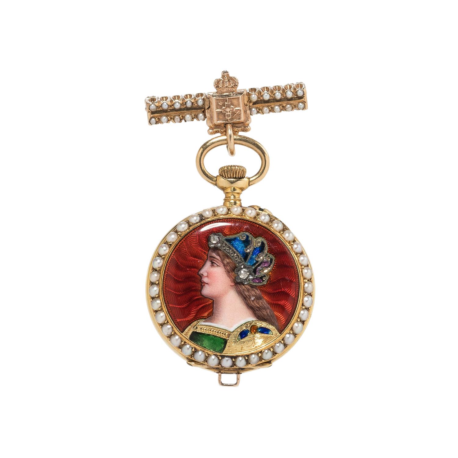 FRENCH, SEED PEARL AND ENAMEL CONVERTIBLE BROOCH/POCKET WATCH
