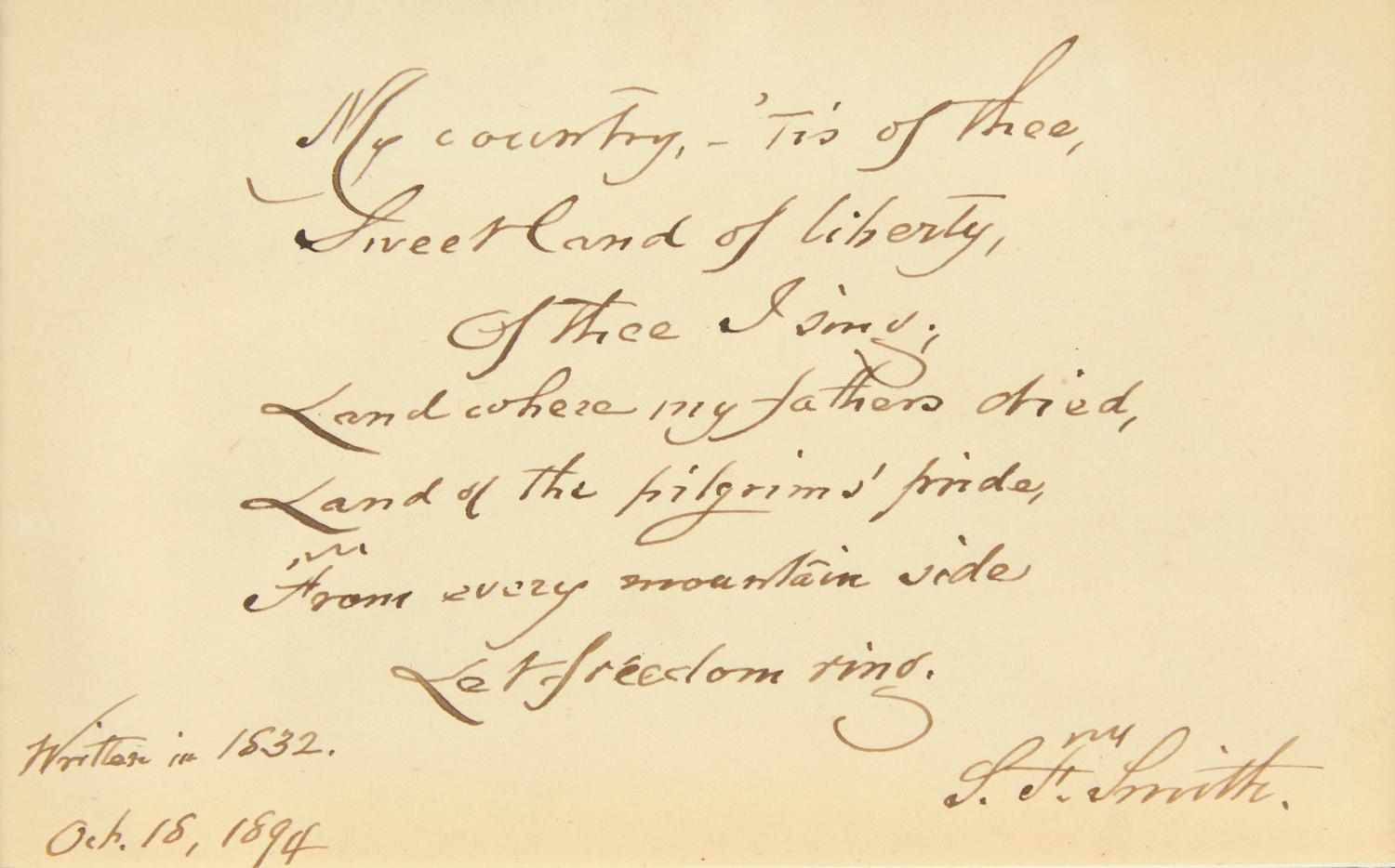 [Americana] Howe, Julia Ward, Irving Berlin, John Philip Sousa, Samuel F. Smith, and George F. Root. Display of Signed Patriotic Song Lyrics