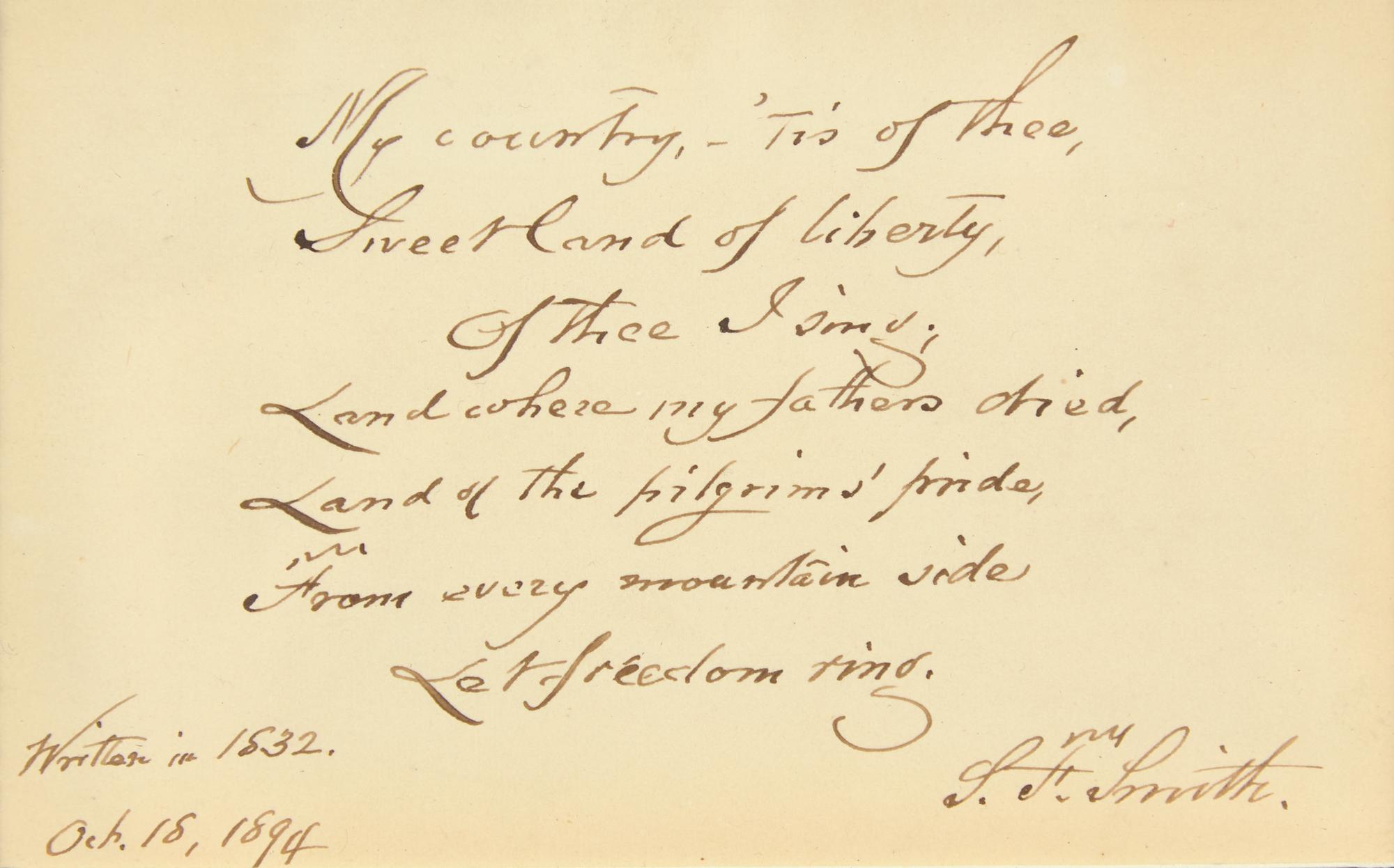 [Americana] Howe, Julia Ward, Irving Berlin, John Philip Sousa, Samuel F. Smith, and George F. Root. Display of Signed Patriotic Song Lyrics