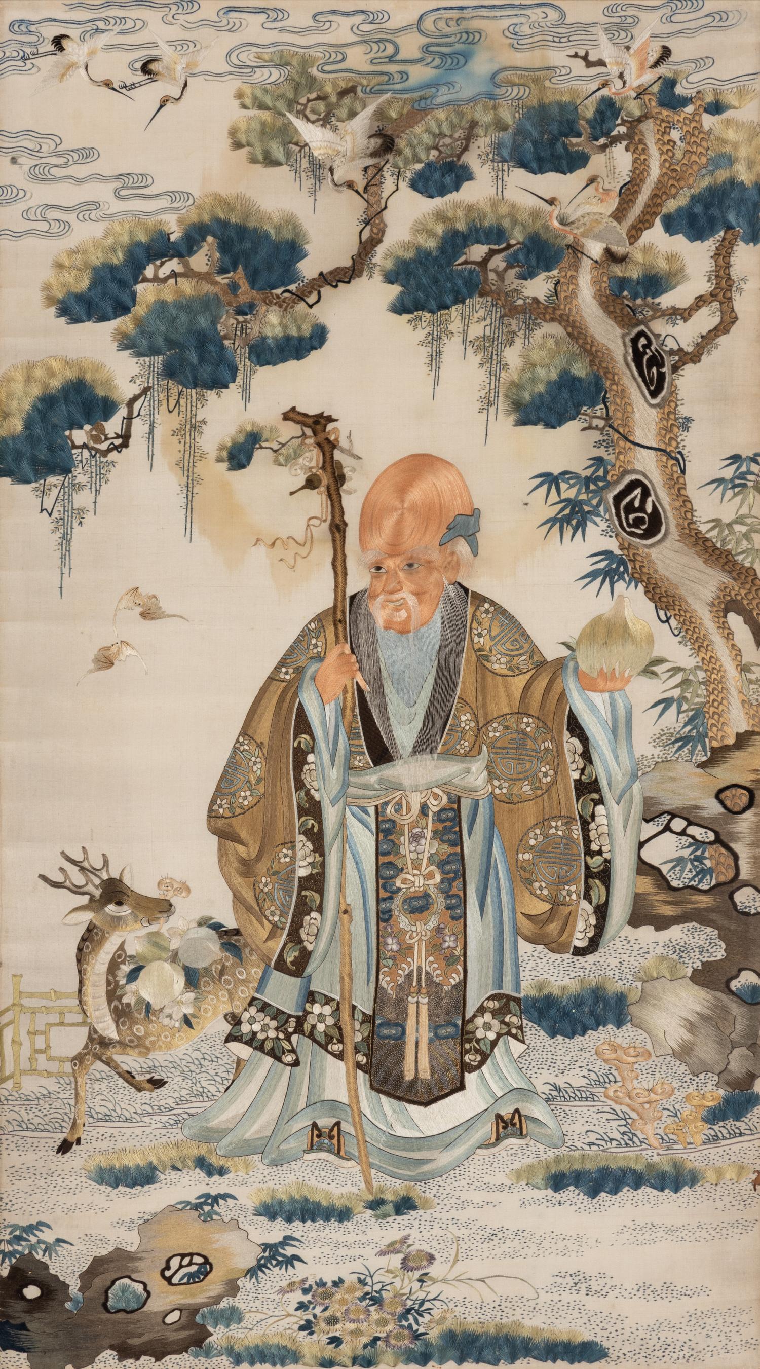 A Chinese Canton Style Embroidered 'Immortals' Five Paneled Screen, 19th Century 清晚期 粵綉祝壽圖五扇屏