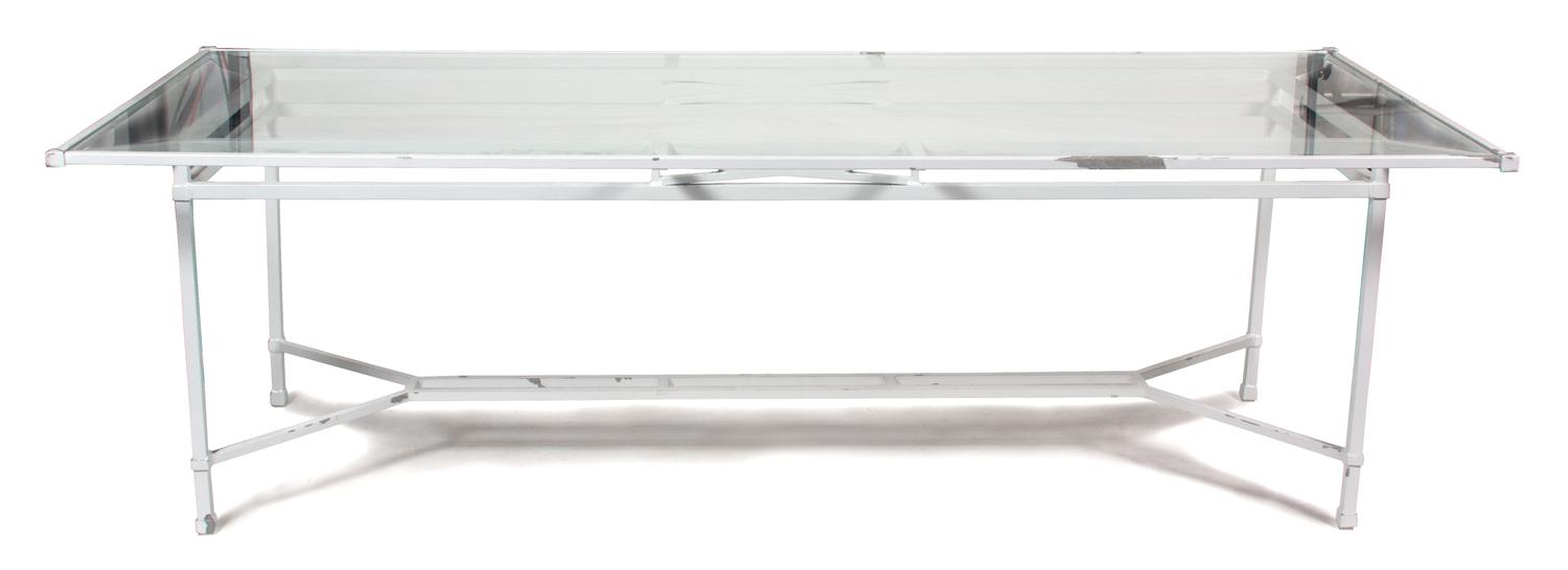 Two Contemporary Painted Metal Patio Tables Height 29 x length 98 x depth 45 inches. — 20TH CENTURY