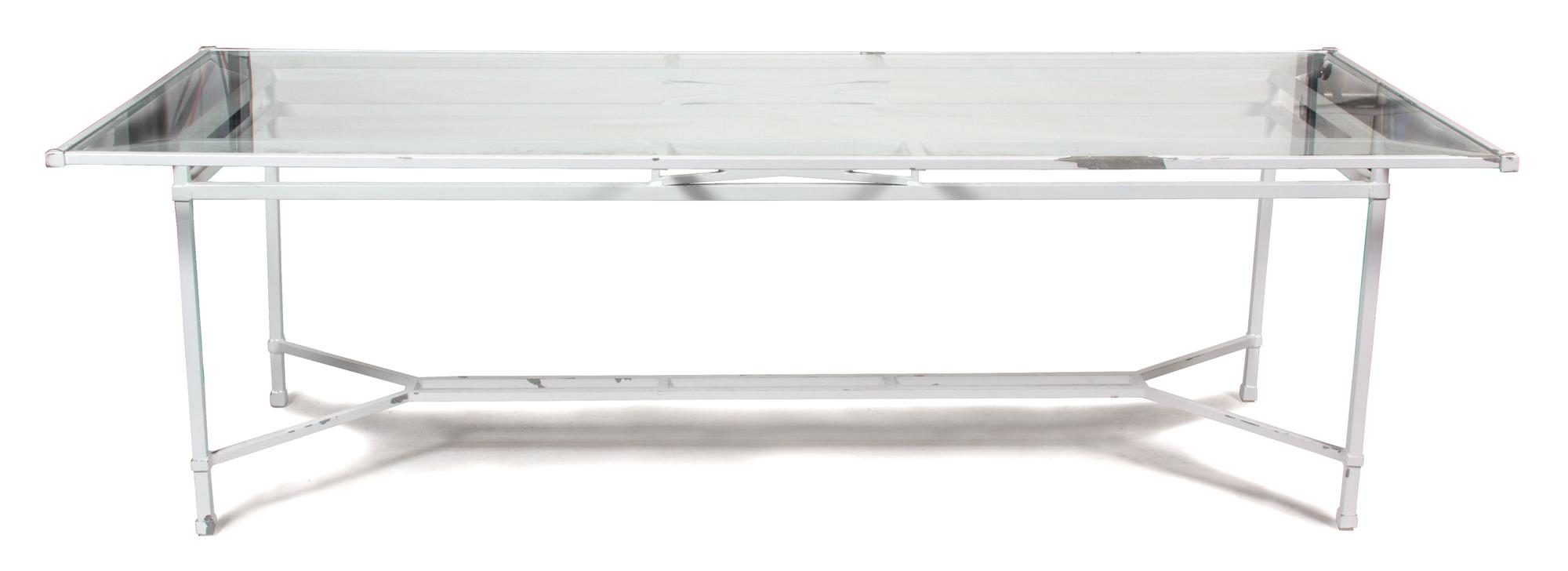 Two Contemporary Painted Metal Patio Tables Height 29 x length 98 x depth 45 inches. — 20TH CENTURY