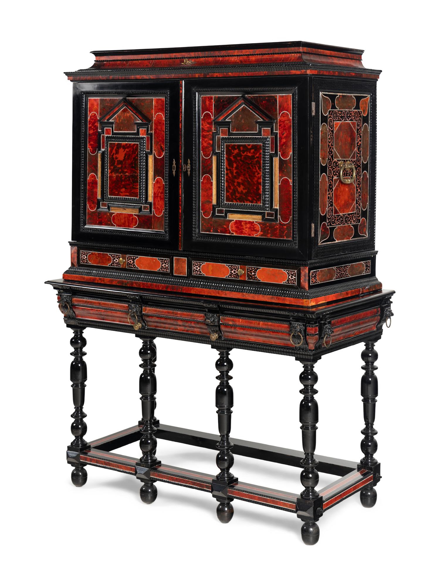 A Flemish Red Tortoise Shell, Kingwood and Ebony Cabinet on Stand