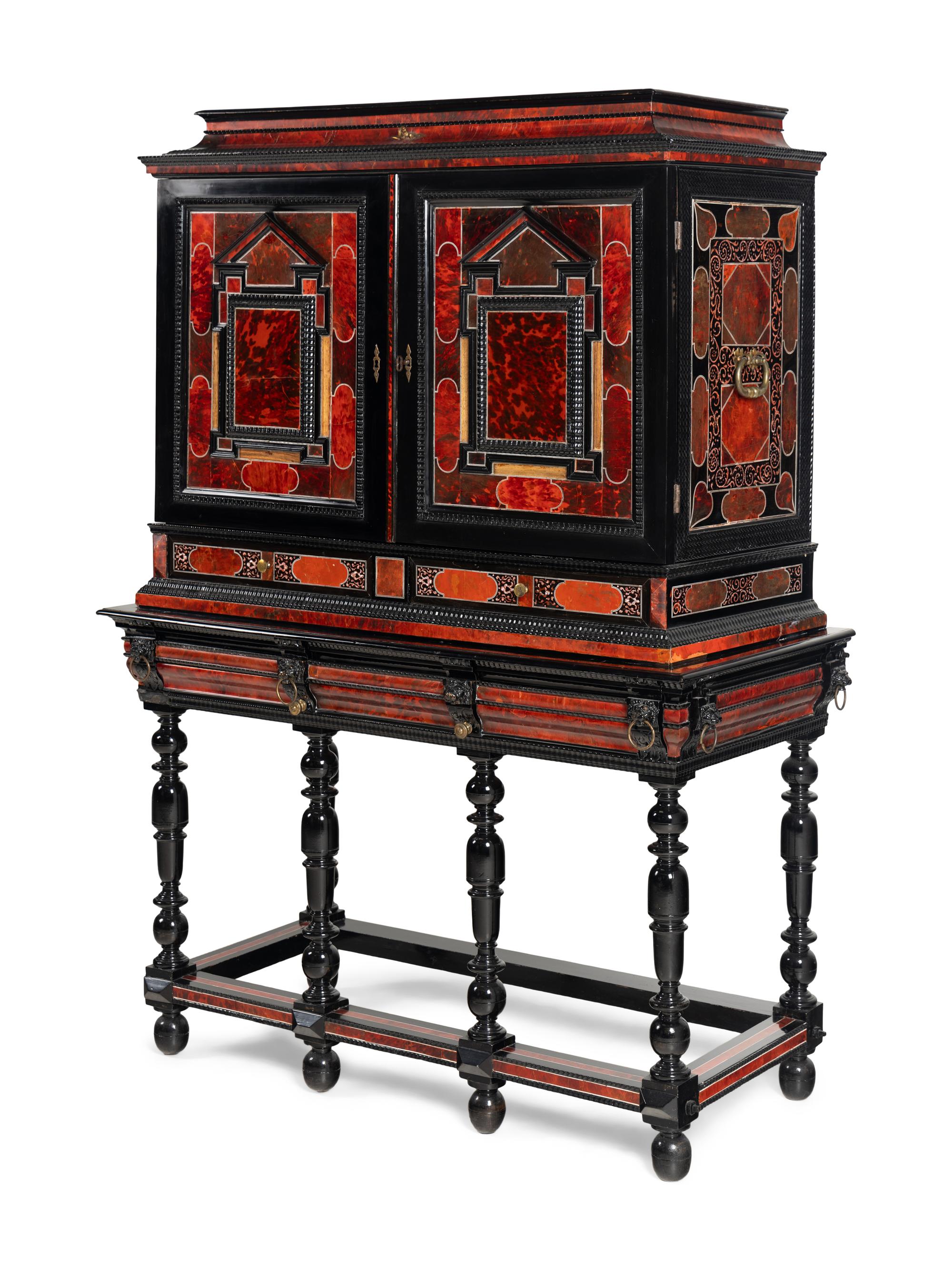 A Flemish Red Tortoise Shell, Kingwood and Ebony Cabinet on Stand