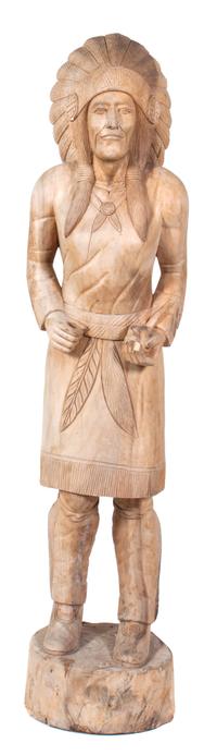 A Carved Wood Cigar Store Indian Chief Height 74 3/4 inches.